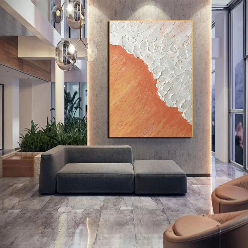 Extra Large Wall Art  Abstract Art Orange Painting White Painting minimalist Plaster Painting modern Textured Sea & Beach Painting 3D Oil  Wall Art On Canvas