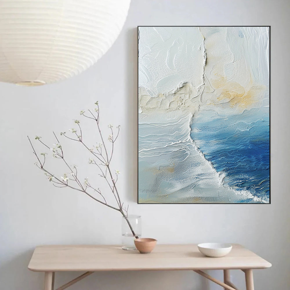 Extra Large Wall Art Abstract blue Abstract Art beige Painting 3D Oil Plaster Painting On Canvas  Blue Wall Art minimalist Painting modern Textured Sea & Beach Painting