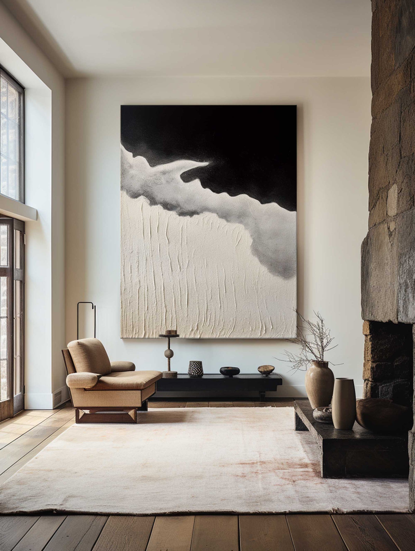 Extra Large Wall Art Abstract Black Abstract Art beige Painting 3D Oil Plaster Painting On Canvas White Wall Art minimalist Painting modern Textured Sea & Beach Painting