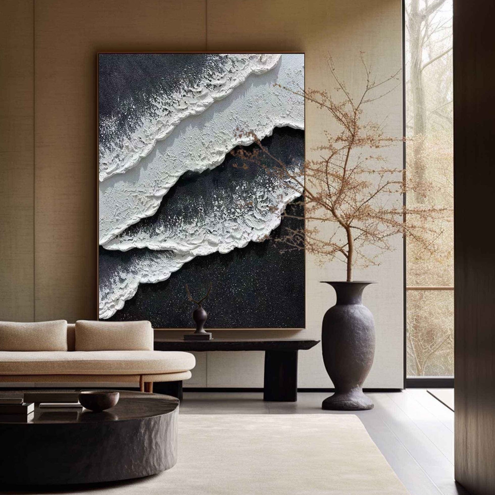 Extra Large Wall Art Abstract Black Abstract Art beige Painting 3D Oil Plaster Painting On Canvas White Wall Art minimalist Painting modern Textured Sea & Beach Painting