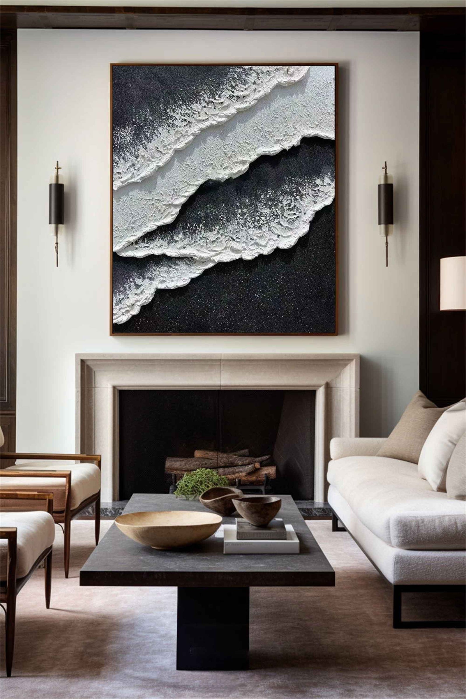 Extra Large Wall Art Abstract Black Abstract Art beige Painting 3D Oil Plaster Painting On Canvas White Wall Art minimalist Painting modern Textured Sea & Beach Painting