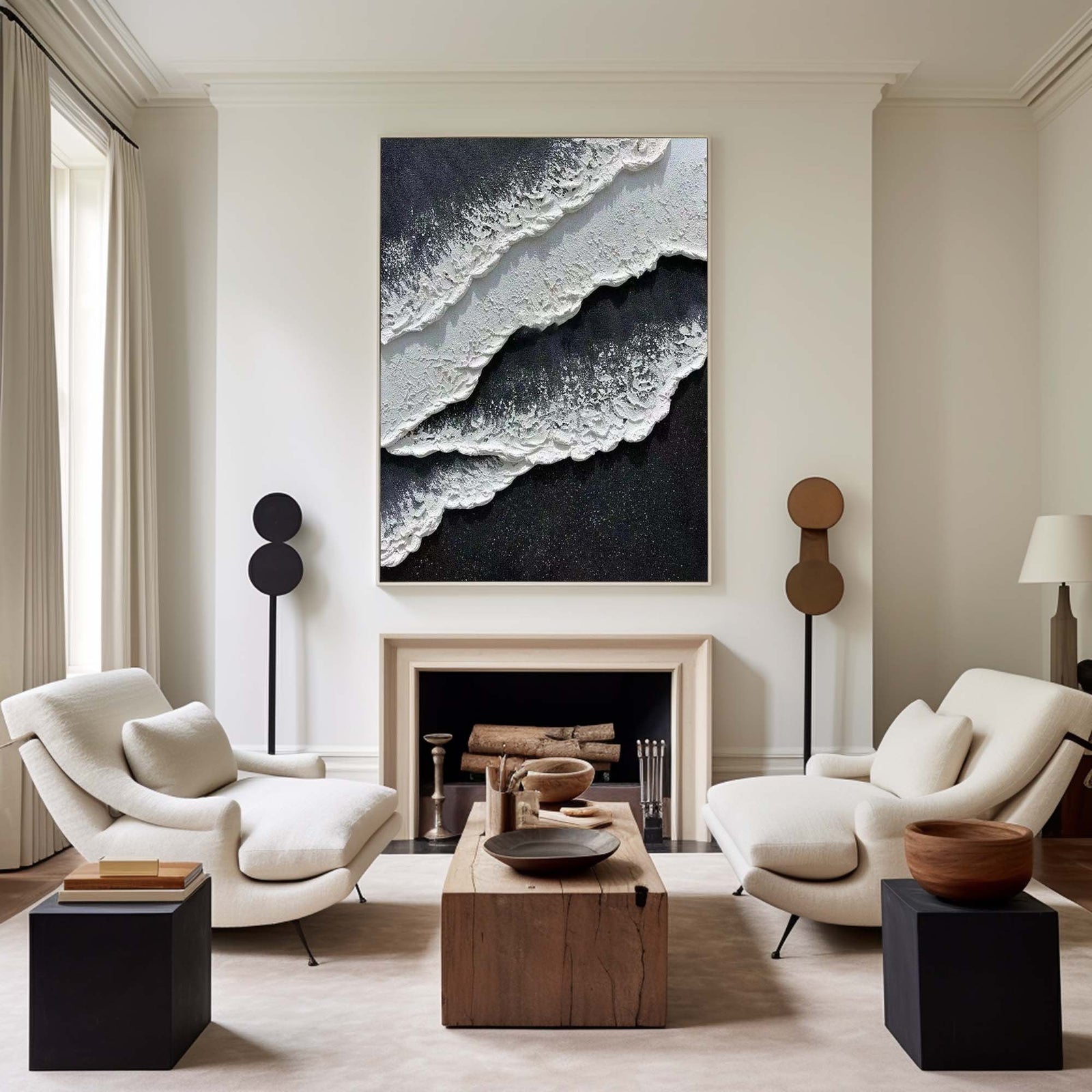 Extra Large Wall Art Abstract Black Abstract Art beige Painting 3D Oil Plaster Painting On Canvas White Wall Art minimalist Painting modern Textured Sea & Beach Painting