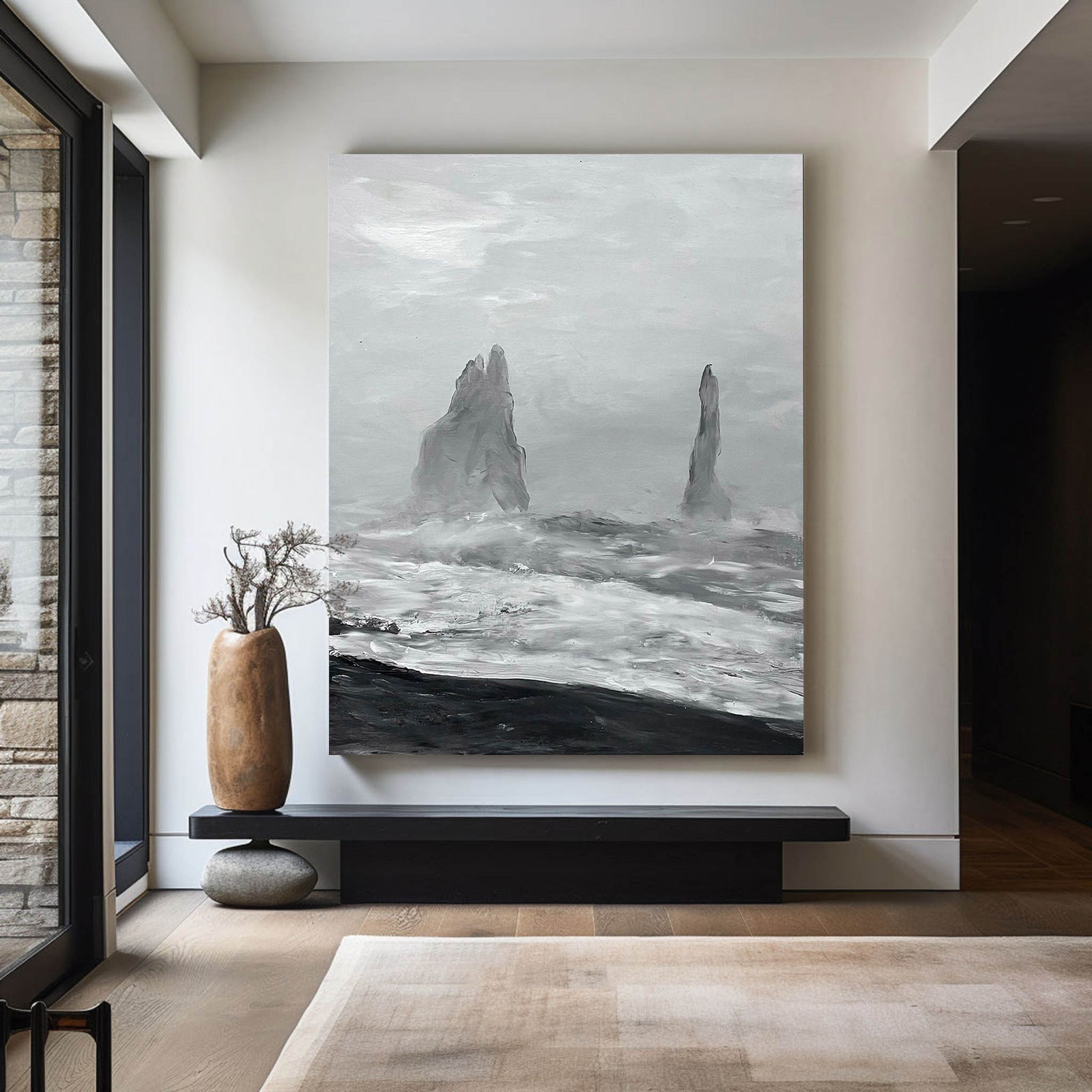 Extra Large Wall Art Abstract Black Abstract Art beige Painting 3D Oil Plaster Painting On Canvas White Wall Art minimalist Painting modern Textured Sea & Beach Painting