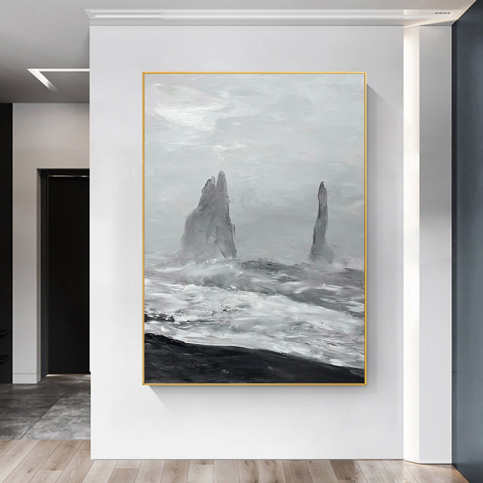 Extra Large Wall Art Abstract Black Abstract Art beige Painting 3D Oil Plaster Painting On Canvas White Wall Art minimalist Painting modern Textured Sea & Beach Painting