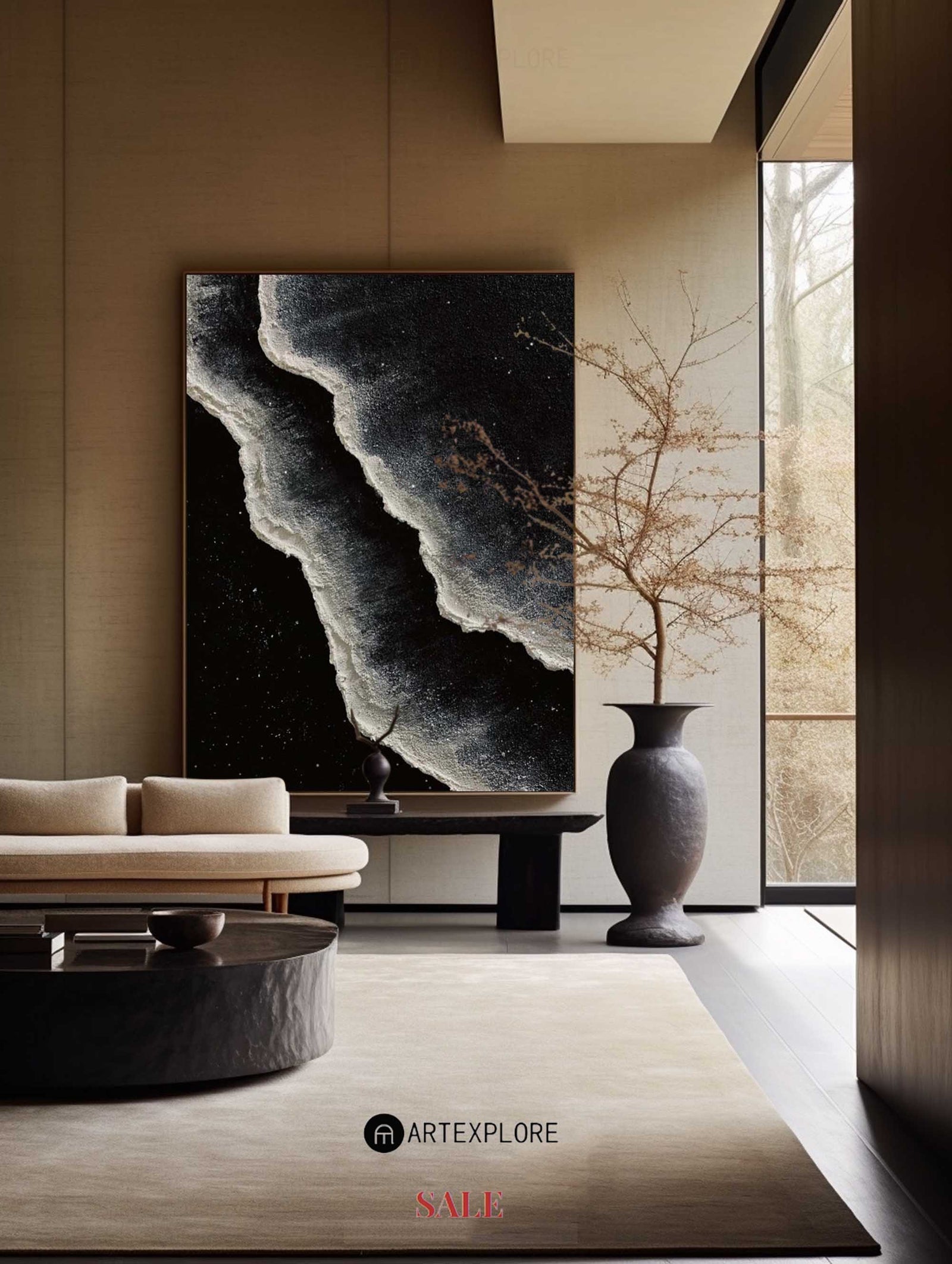 Extra Large Wall Art Abstract Black Abstract Art beige Painting 3D Oil Plaster Painting On Canvas White Wall Art minimalist Painting modern Textured Sea & Beach Painting