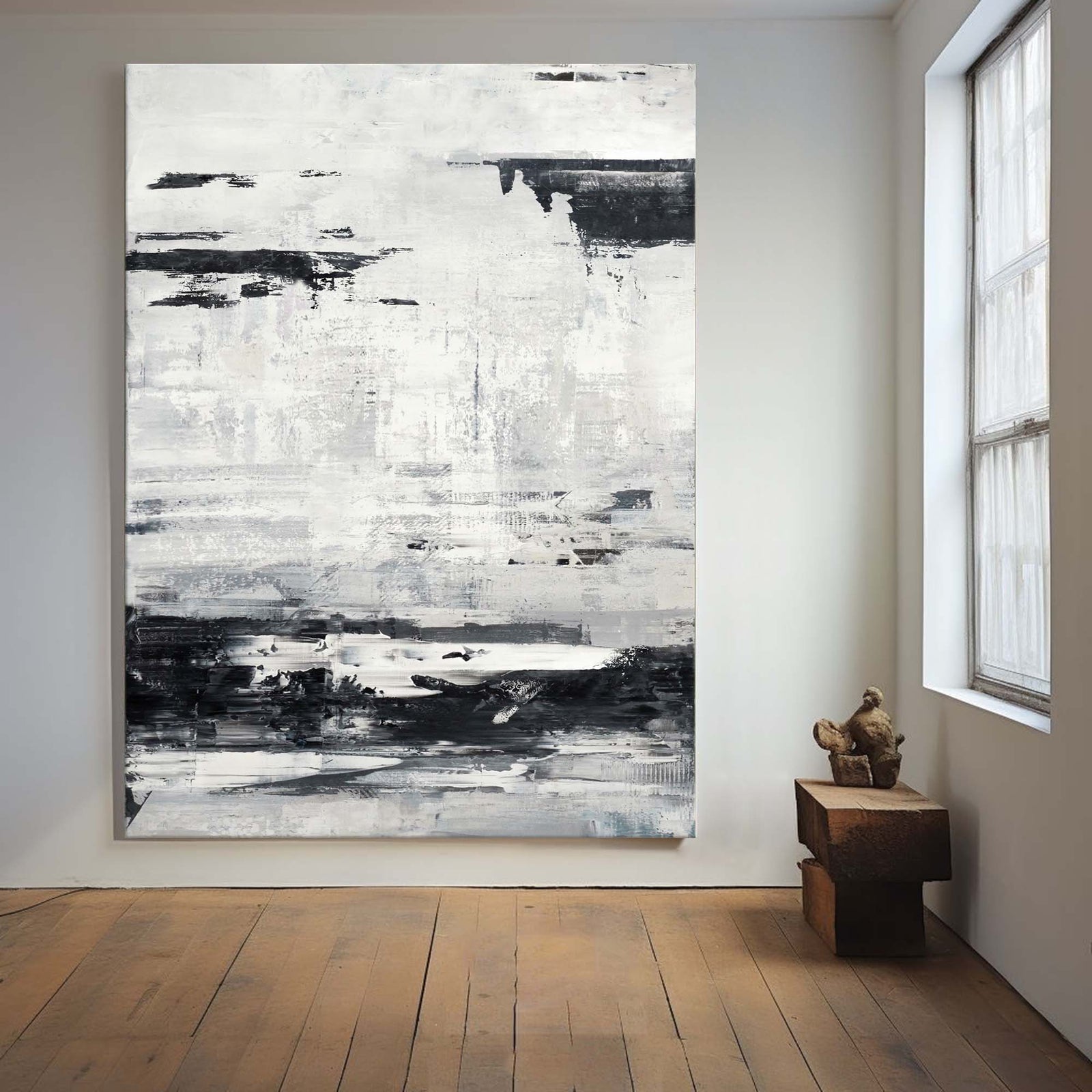 Extra Large Wall Art Abstract Black Abstract Art beige Painting 3D Oil Plaster Painting On Canvas White Wall Art minimalist Painting modern Textured Sea & Beach Painting