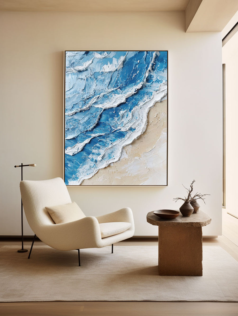 Extra Large Wall Art Abstract Blue Abstract Art beige Painting large Blue Painting Blue Wall Art minimalist Painting,modern Textured Sea & Beach Painting 3D Oil Plaster Wall Art On Canvas