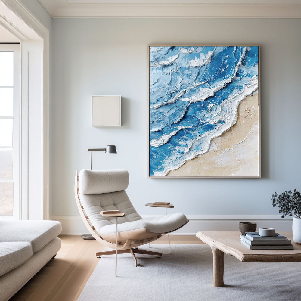 Extra Large Wall Art Abstract Blue Abstract Art beige Painting large Blue Painting Blue Wall Art minimalist Painting,modern Textured Sea & Beach Painting 3D Oil Plaster Wall Art On Canvas