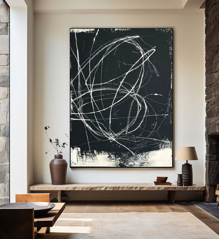 Large Abstract Painting on Canvas Black Painting Boho Painting Abstract Painting Landscape Painting Office Decor Beige Minimalist Wall Art