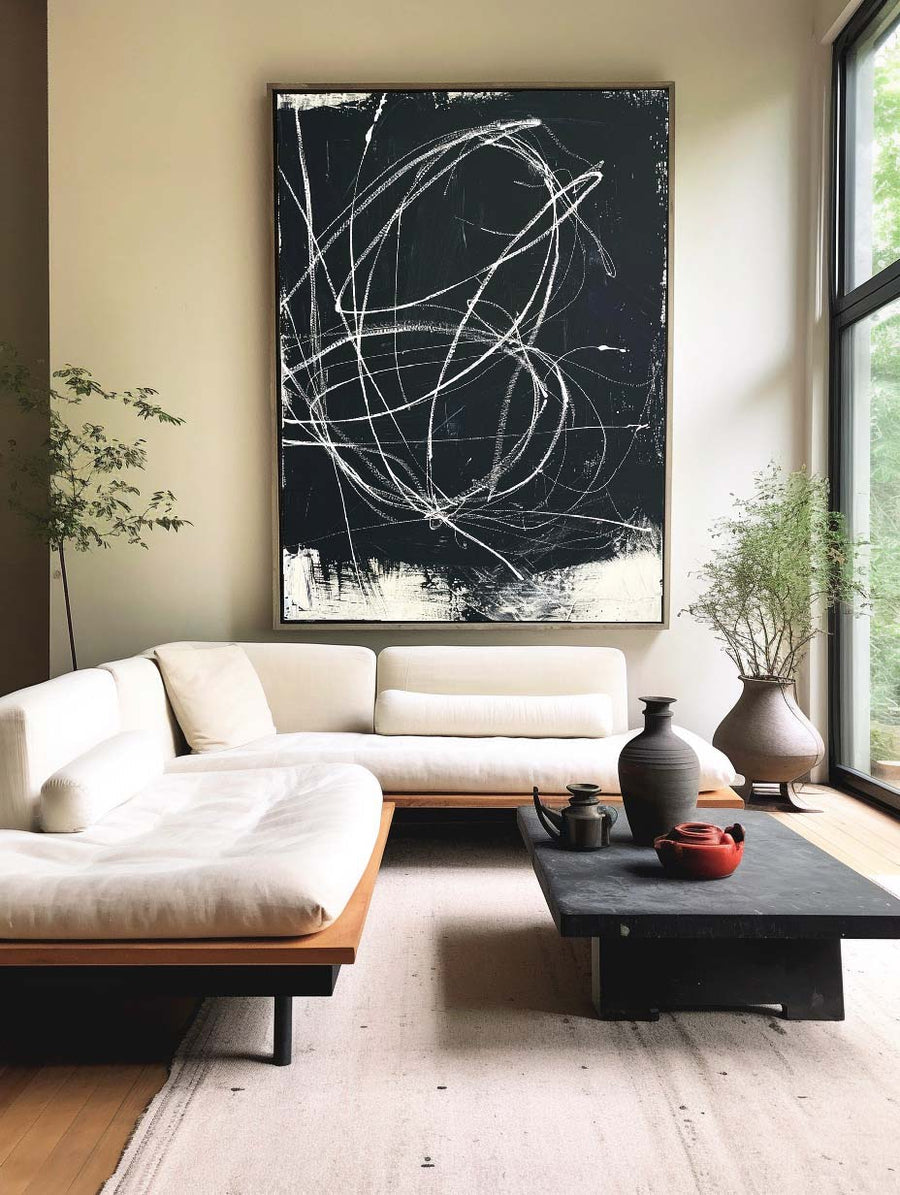 Large Abstract Painting on Canvas Black Painting Boho Painting Abstract Painting Landscape Painting Office Decor Beige Minimalist Wall Art