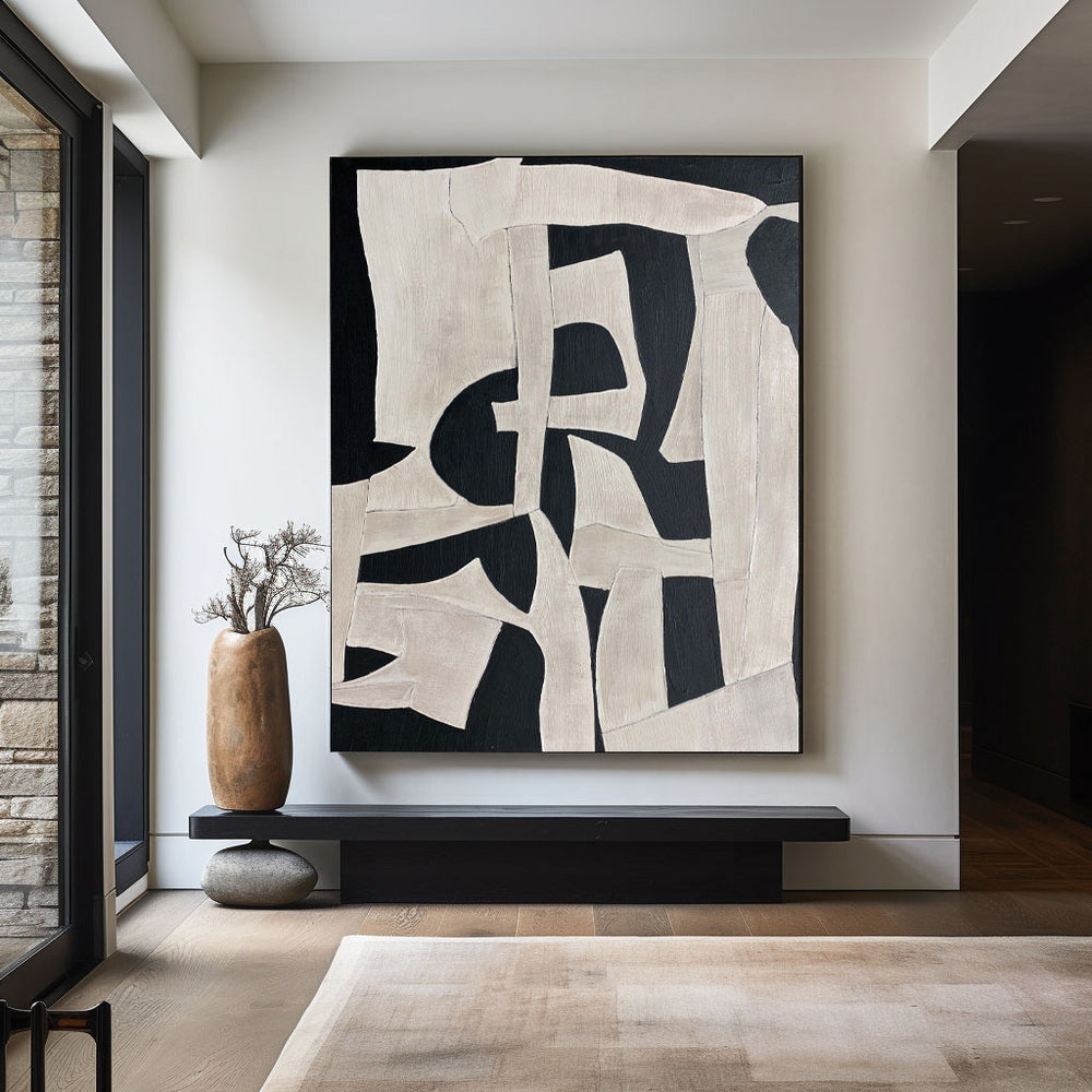 Large Beige 3D Oil Abstract Painting Black Painting Texture Painting Brown Minimalist Plaster Painting Minimalist Art on Canvas Beige Wall Art Mid Century Modern Wall Art