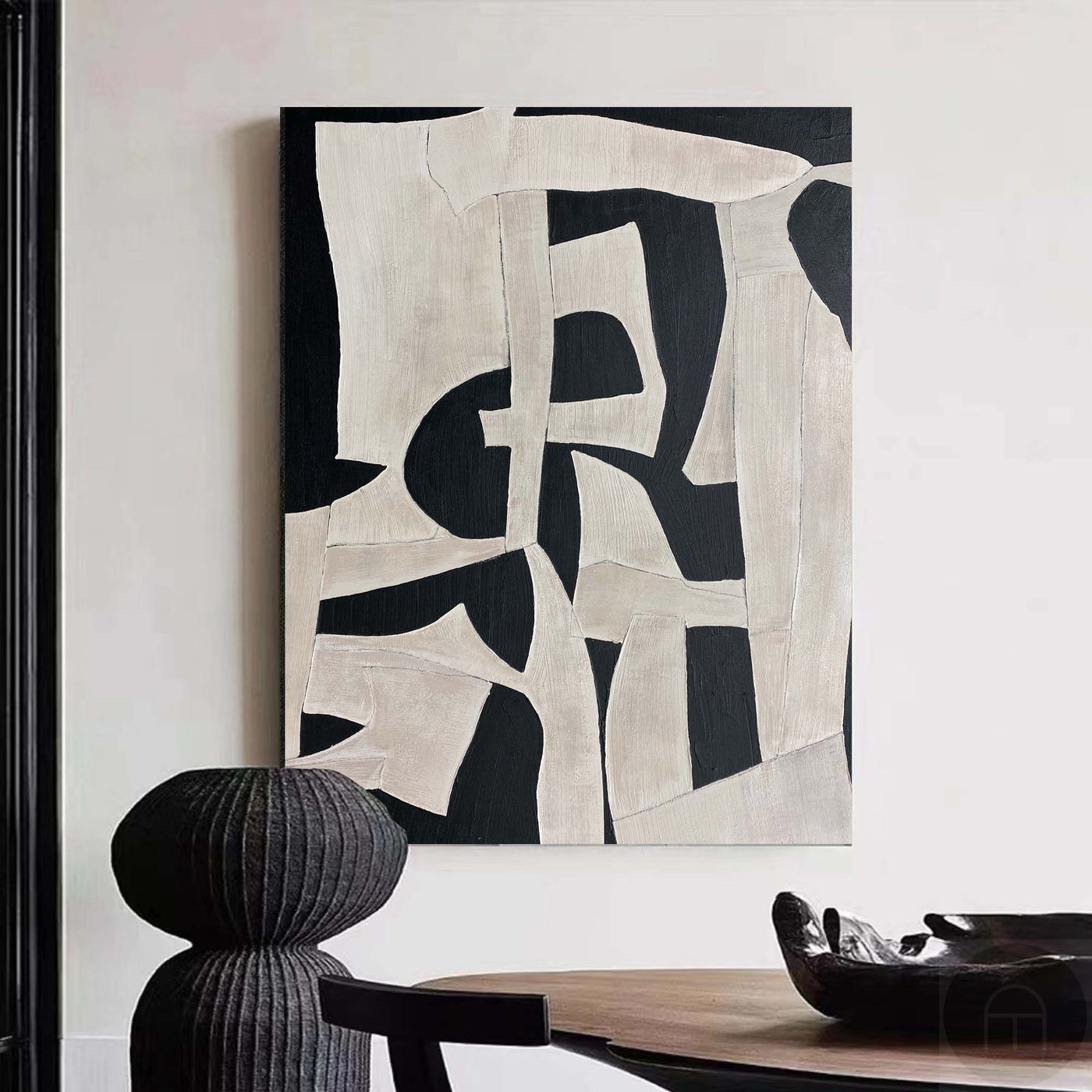 Large Beige 3D Oil Abstract Painting Black Painting Texture Painting Brown Minimalist Plaster Painting Minimalist Art on Canvas Beige Wall Art Mid Century Modern Wall Art