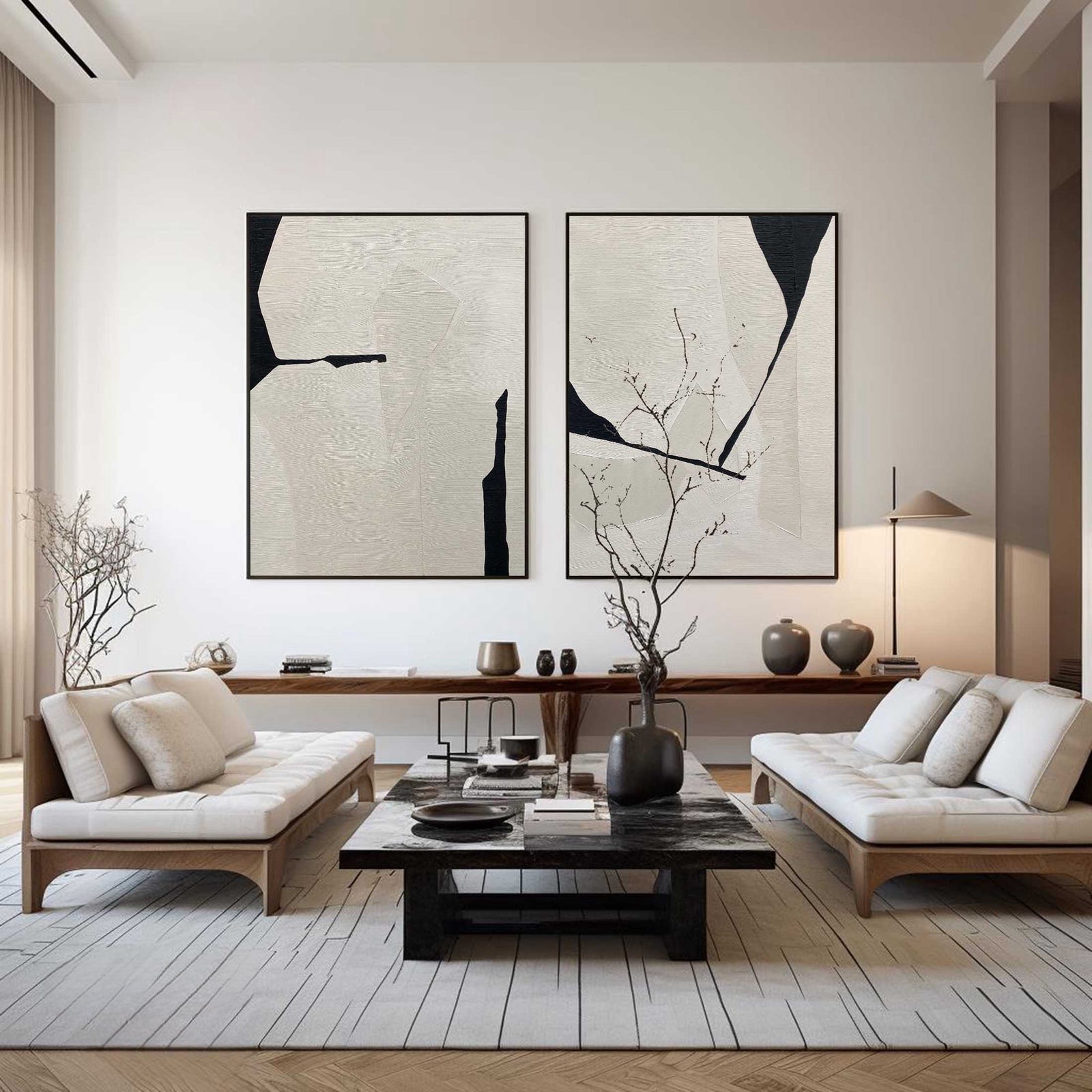 Wabi-sabi White Painting Beige Plaster Textured Painting Set of 2 Wall Decor White Minimalist Painting Set of 2 White Plaster Painting 3D Oil Plaster Wall Art On Canvas 