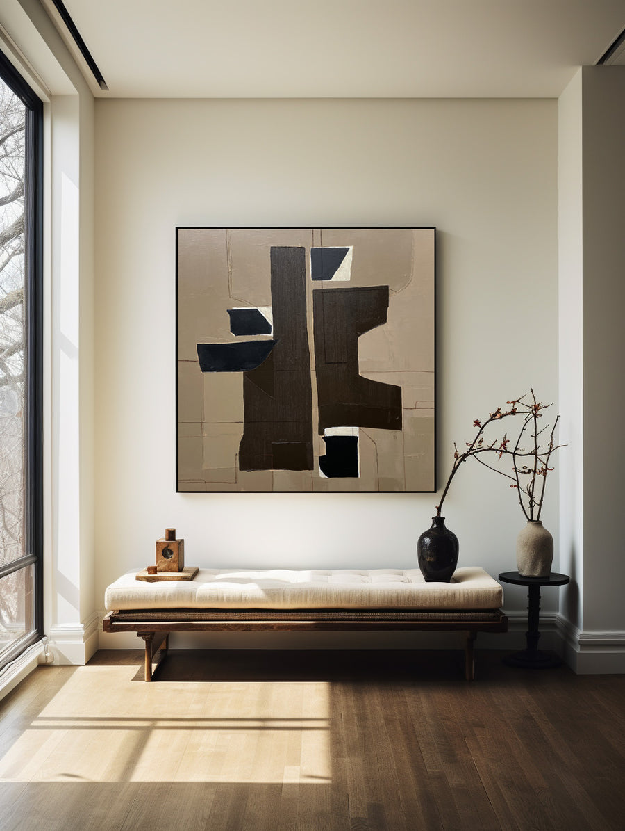 Large Beige 3D Oil Abstract Painting Black Painting Texture Painting Brown Minimalist Plaster Painting Minimalist Art on Canvas Beige Wall Art Mid Century Modern Wall Art