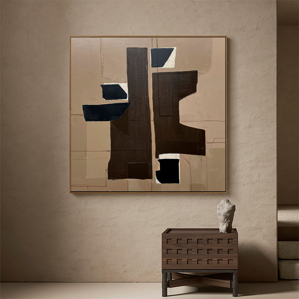 Large Beige 3D Oil Abstract Painting Black Painting Texture Painting Brown Minimalist Plaster Painting Minimalist Art on Canvas Beige Wall Art Mid Century Modern Wall Art