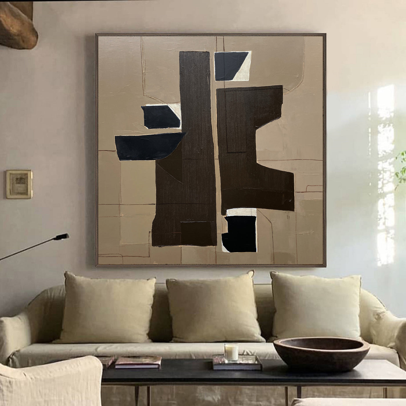 Large Beige 3D Oil Abstract Painting Black Painting Texture Painting Brown Minimalist Plaster Painting Minimalist Art on Canvas Beige Wall Art Mid Century Modern Wall Art