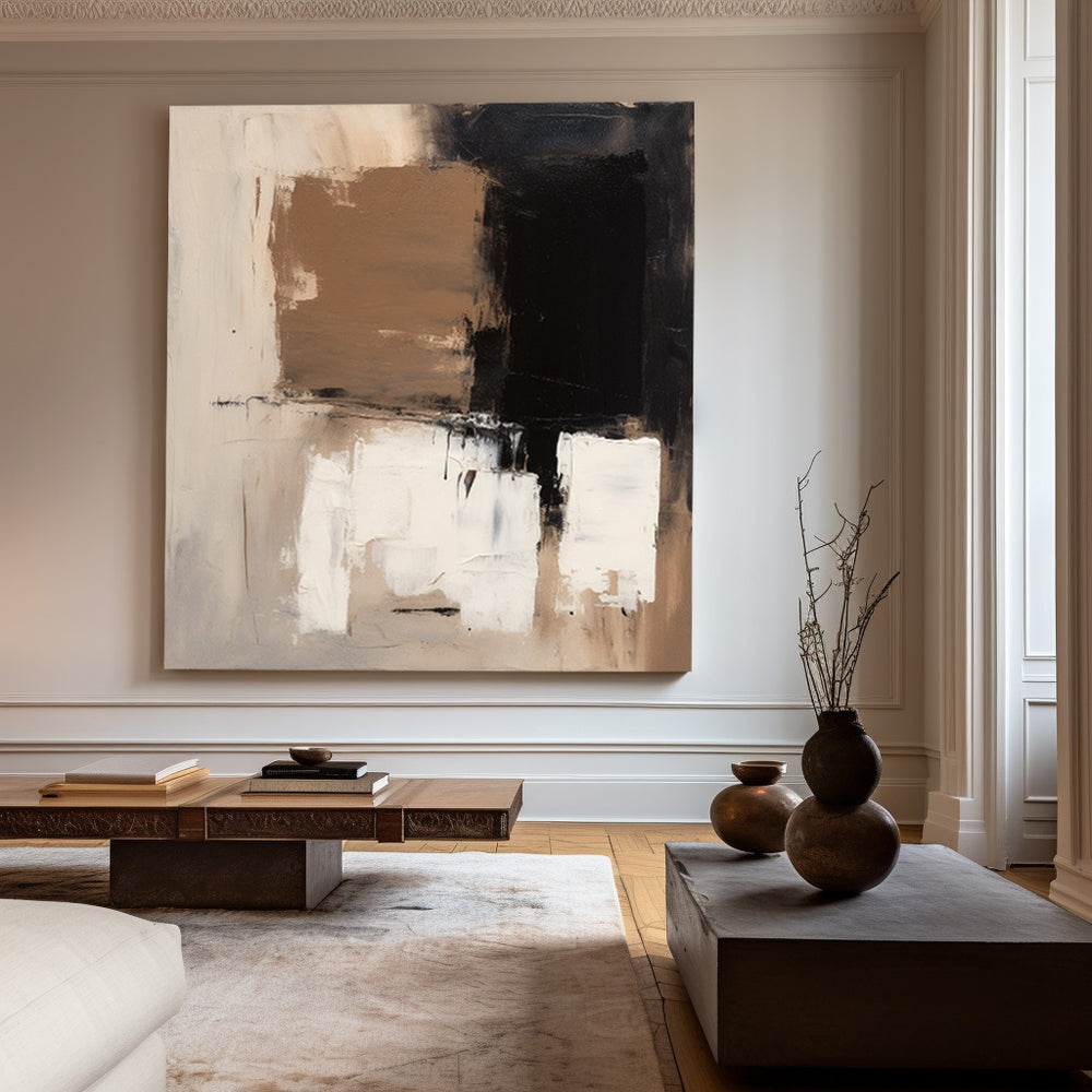 Large Beige 3D Oil Abstract Painting Black Painting Texture Painting Brown Minimalist Plaster Painting Minimalist Art on Canvas Beige Wall Art Mid Century Modern Wall Art