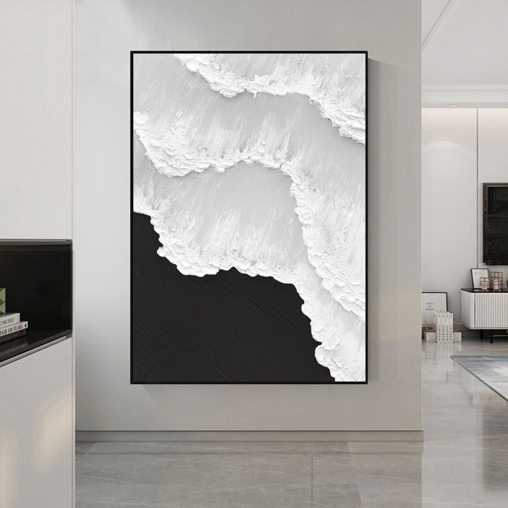 Extra Large Wall Decor Abstract Black Abstract Art White Painting large Black Painting White Wall Art minimalist Painting Modern Textured Sea & Beach Painting 3D Oil Plaster Wall Art On Canvas