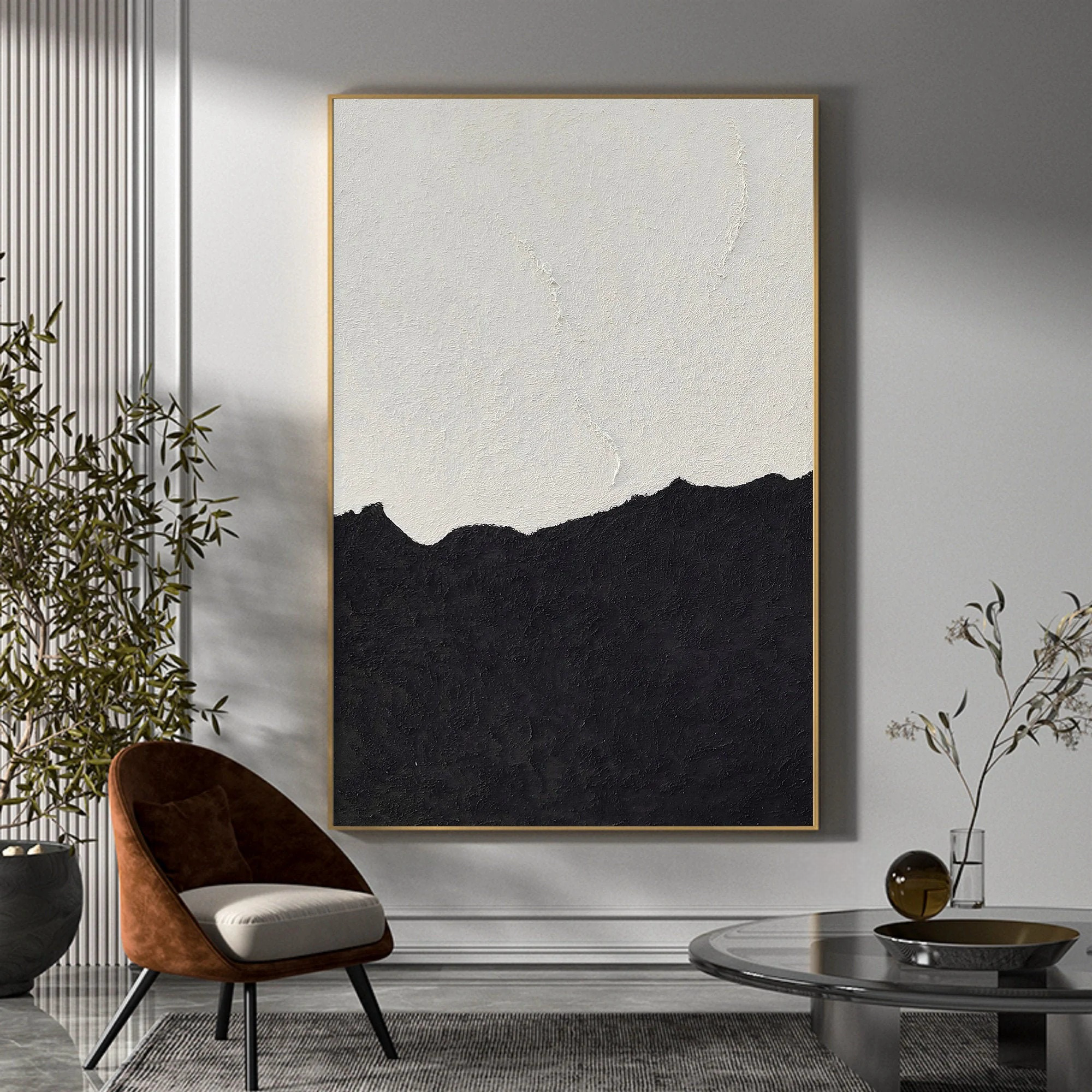 Wabi-sabi Art White Minimalist Plaster Art Black Abstract Texture Painting White Wall Decor Plaster Texture Wall Art Minimalist Art Black 3D Oil  Plaster Wall Art On Canvas