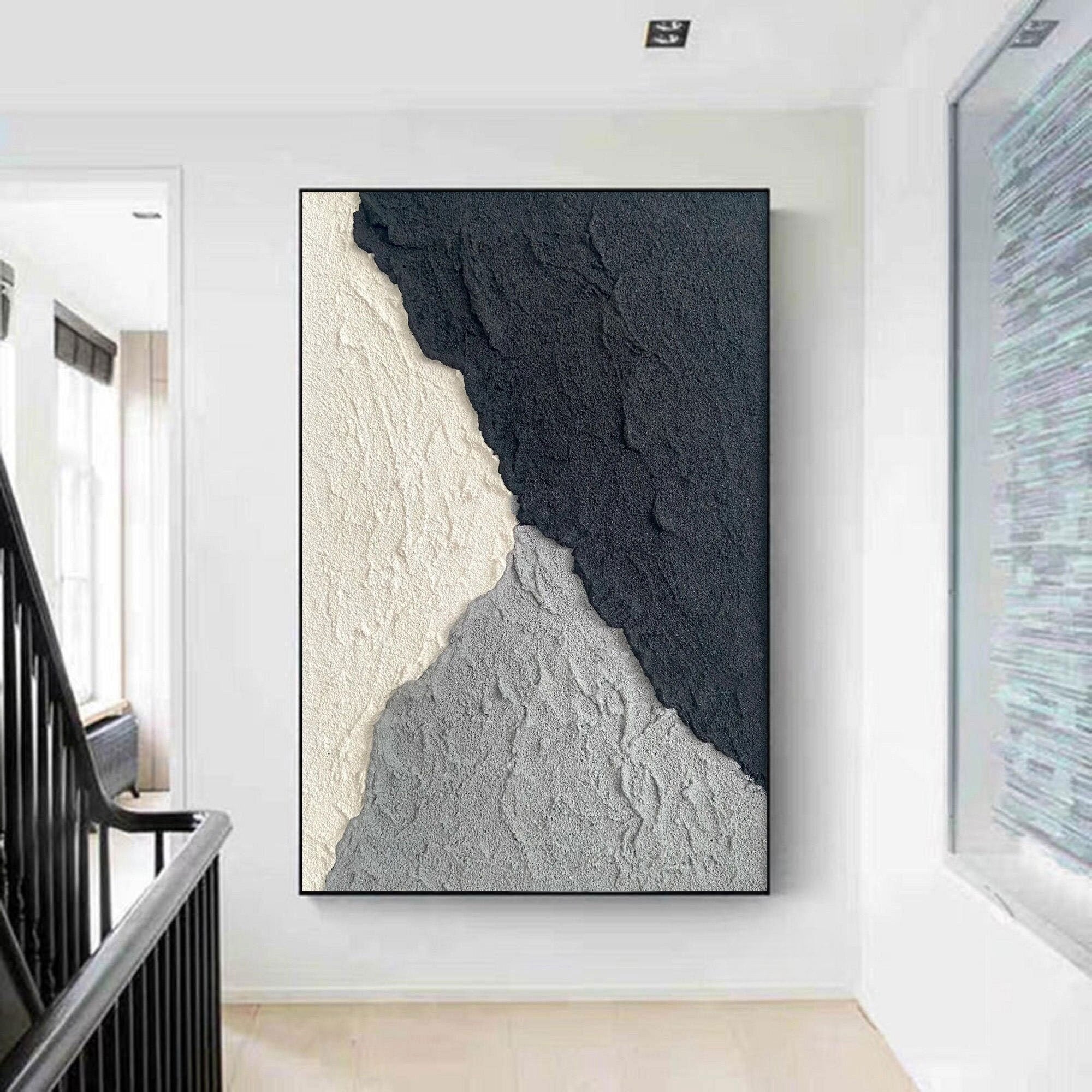 Wabi-sabi Art White Minimalist Plaster Art Black Abstract Texture Painting White Wall Decor Plaster Texture Wall Art Minimalist Art Black 3D Oil  Plaster Wall Art On Canvas