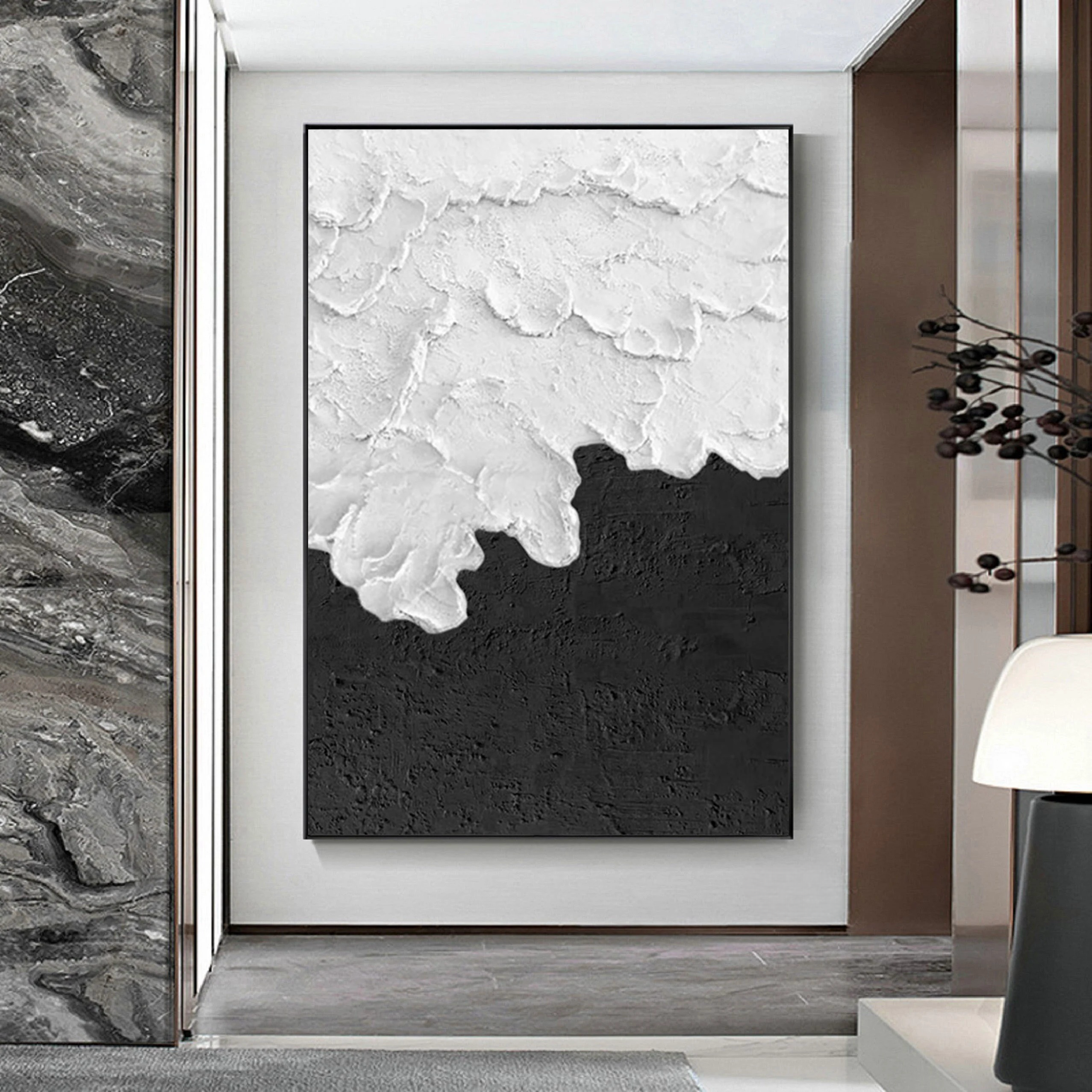 Wabi-sabi Art White Minimalist Plaster Art Black Abstract Texture Painting White Wall Decor Plaster Texture Wall Art Minimalist Art Black 3D Oil  Plaster Wall Art On Canvas