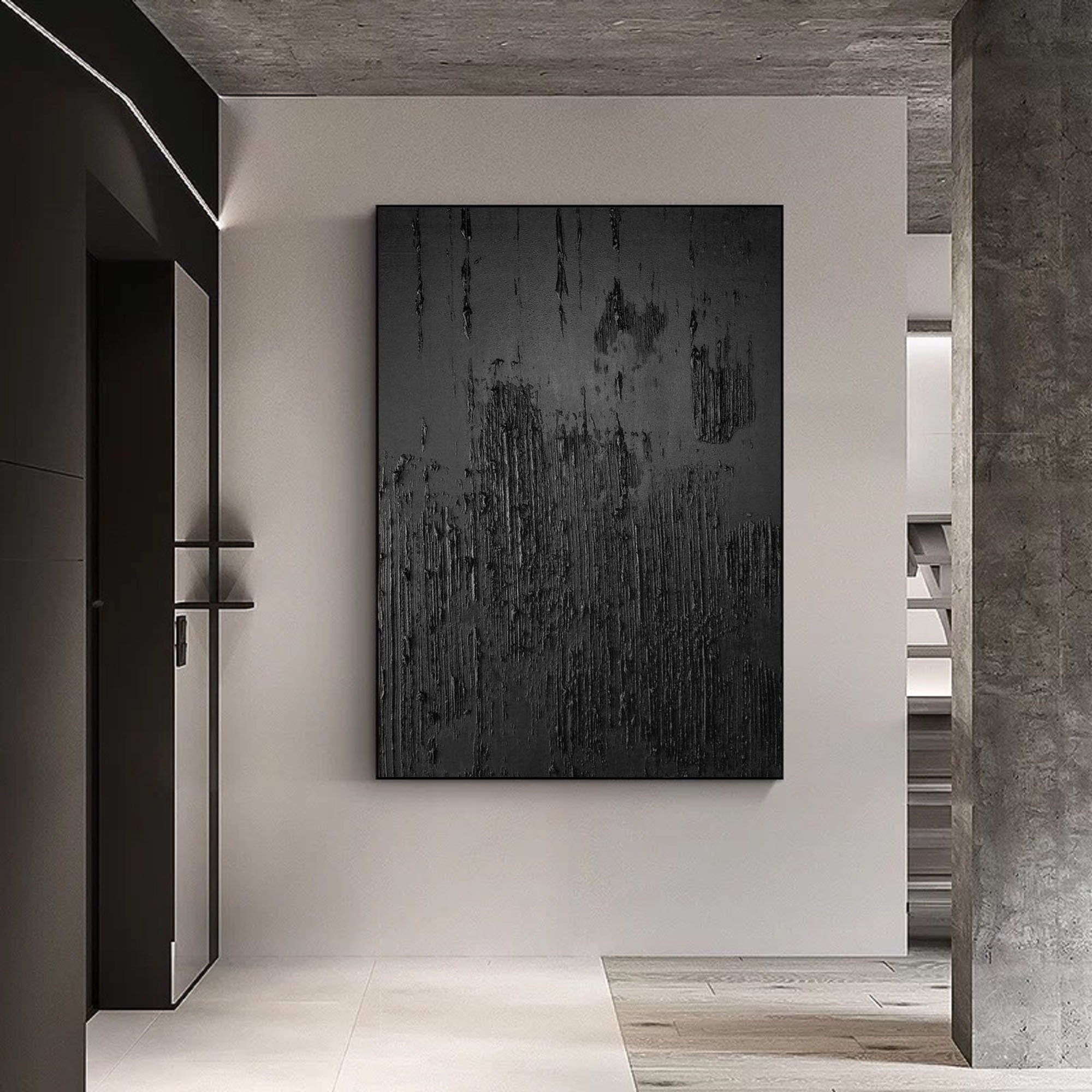 Wabi-sabi Art Black Minimalist Plaster Art Black Abstract Texture Painting Black Wall Decor Plaster Texture Wall Art Minimalist Art Black 3D Oil  Plaster Wall Art On Canvas