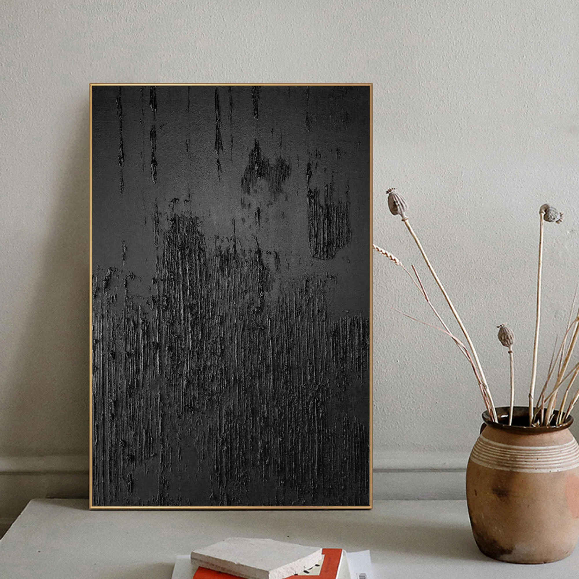 Wabi-sabi Art Black Minimalist Plaster Art Black Abstract Texture Painting Black Wall Decor Plaster Texture Wall Art Minimalist Art Black 3D Oil  Plaster Wall Art On Canvas