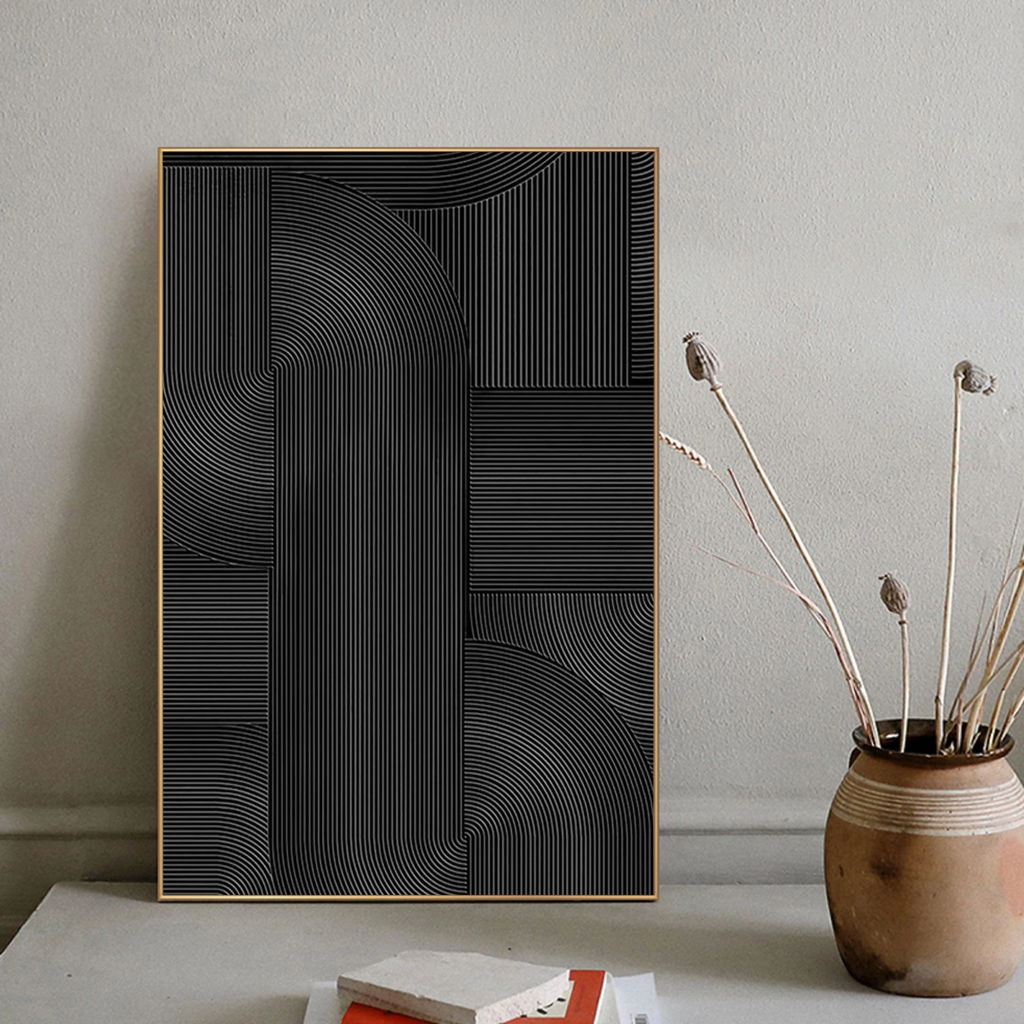 Wabi-sabi Art Black Minimalist Plaster Art Black Abstract Texture Painting Black Wall Decor Plaster Texture Wall Art Abstract Art Black 3D Oil  Plaster Wall Art On Canvas