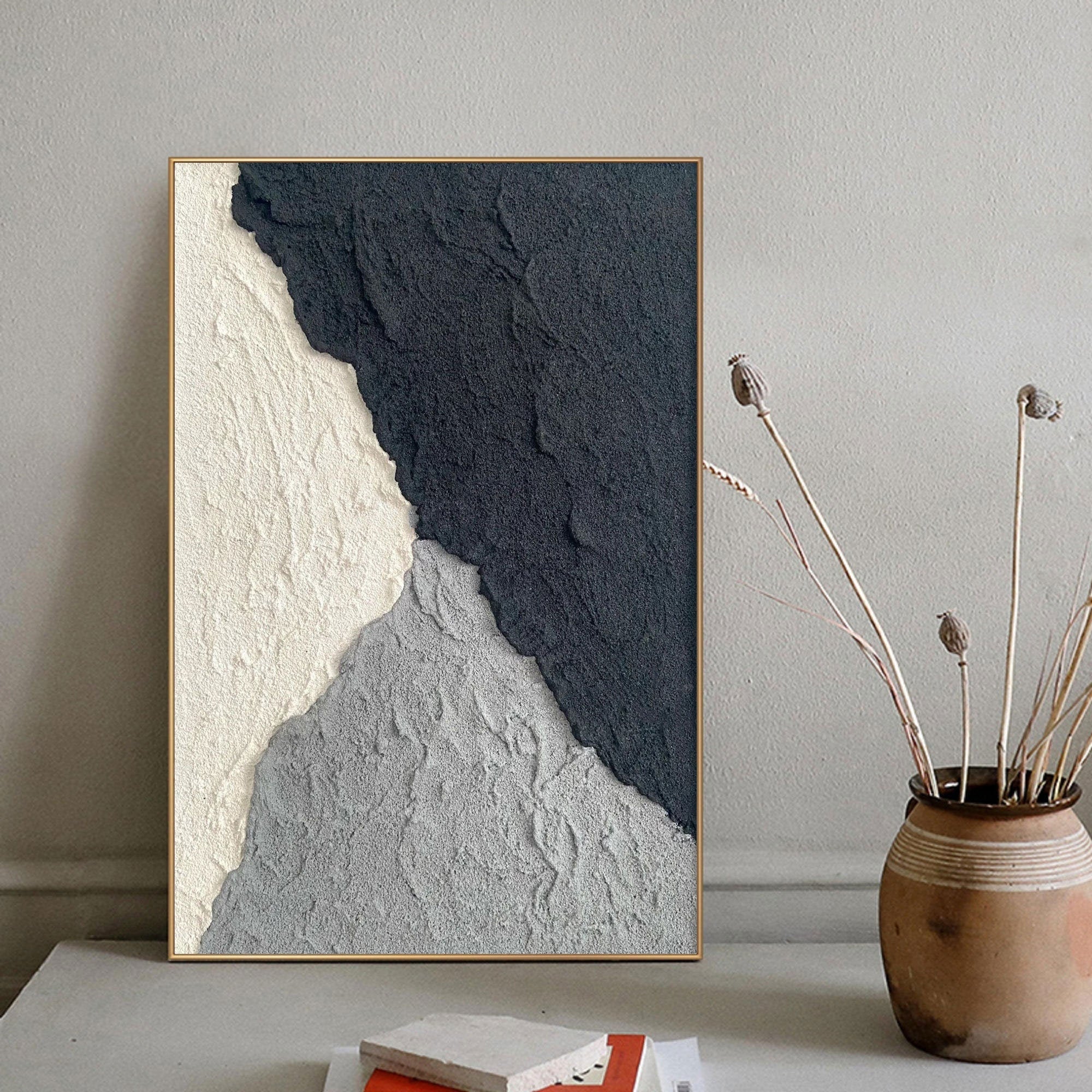 Wabi-sabi Art White Minimalist Plaster Art Black Abstract Texture Painting White Wall Decor Plaster Texture Wall Art Minimalist Art Black 3D Oil  Plaster Wall Art On Canvas