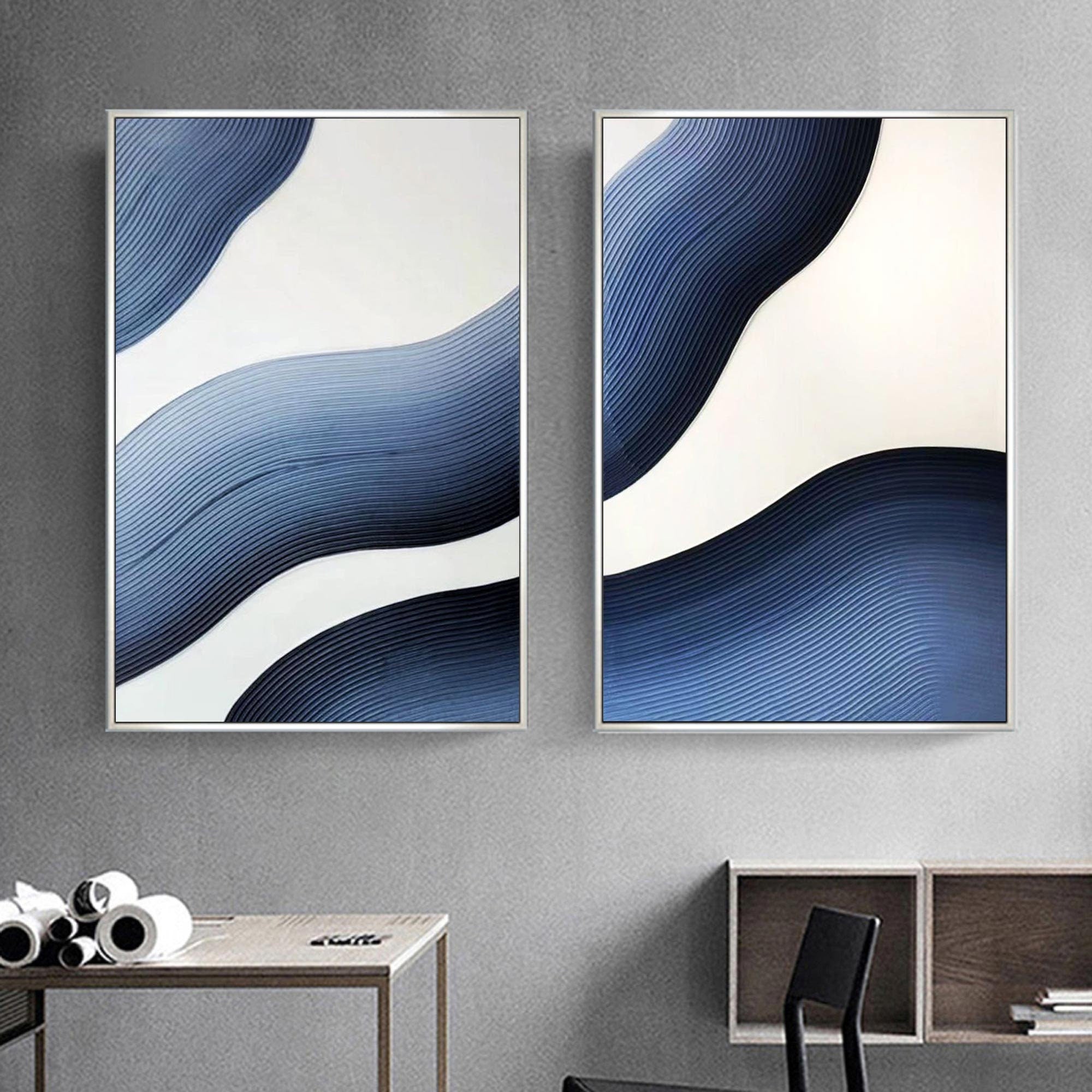 Wabi-sabi Art Blue Minimalist Plaster Art White Texture Painting Abstract Wall Decor Plaster Texture Wall Art Minimalist Art  3D Oil Canvas Wall Art 