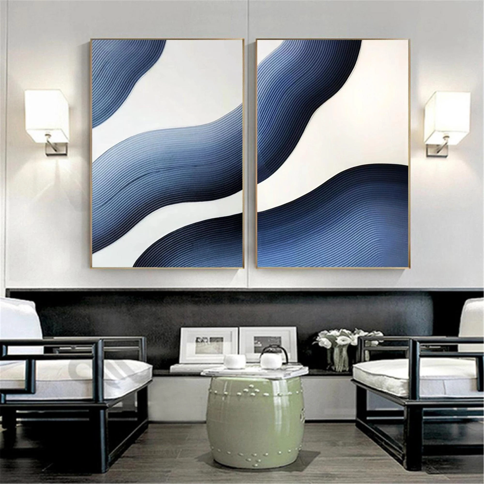 Wabi-sabi Art Blue Minimalist Plaster Art White Texture Painting Abstract Wall Decor Plaster Texture Wall Art Minimalist Art  3D Oil Canvas Wall Art 