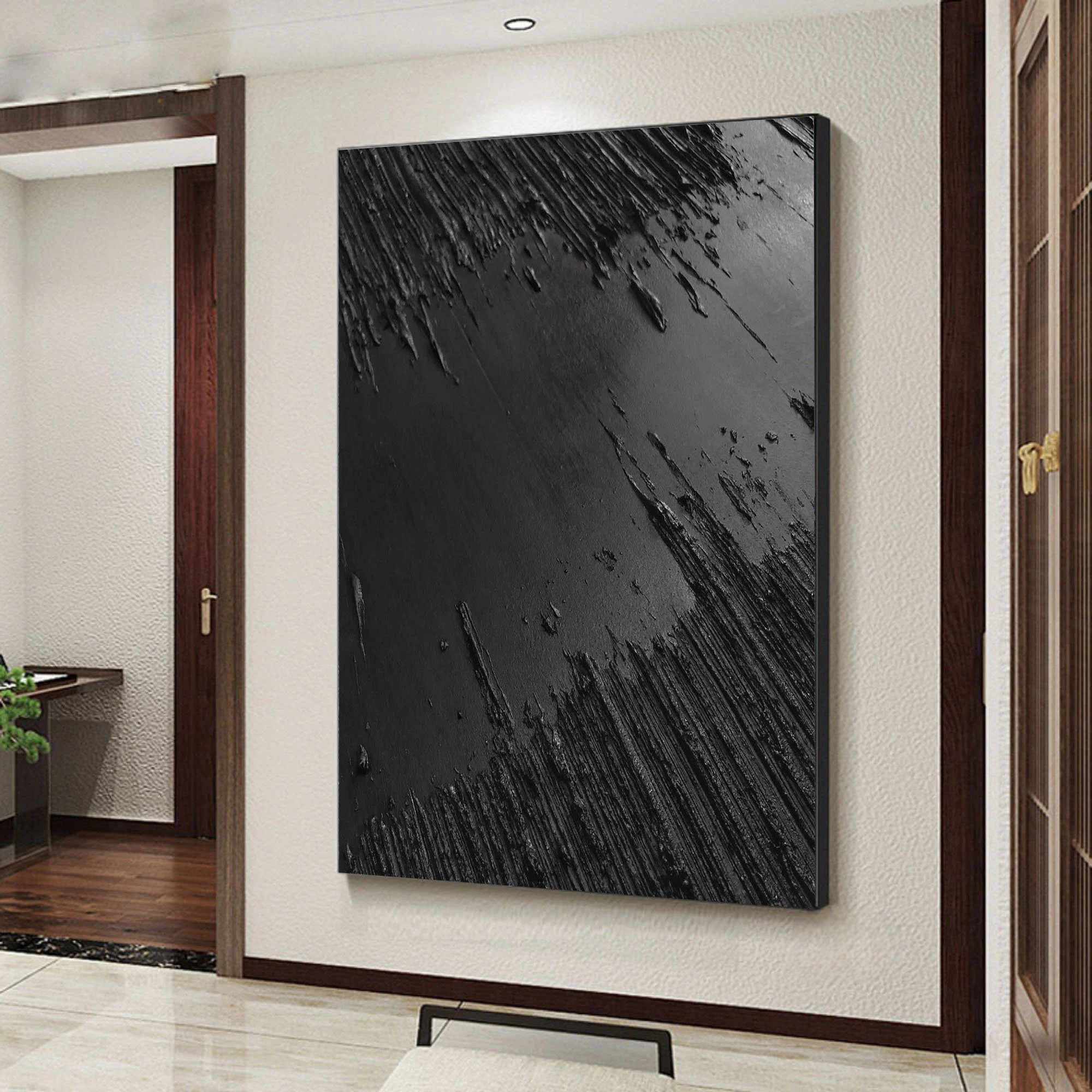 Wabi-sabi Art Black Minimalist Plaster Art Black Abstract Texture Painting Black Wall Decor Plaster Texture Wall Art Abstract Art Black 3D Oil  Plaster Wall Art On Canvas