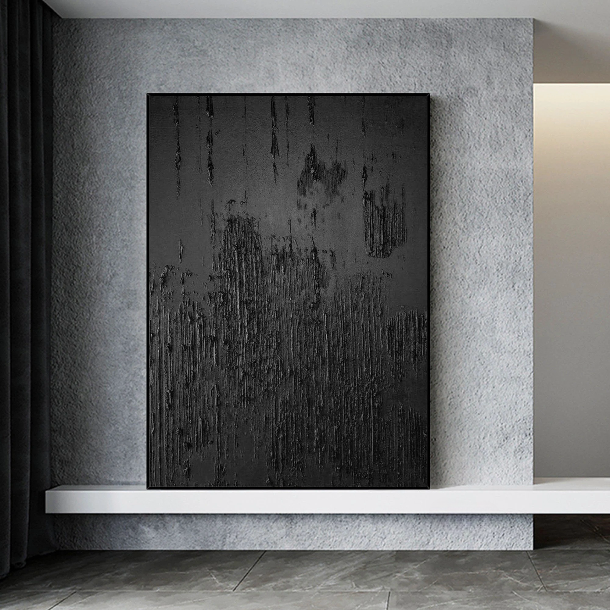 Wabi-sabi Art Black Minimalist Plaster Art Black Abstract Texture Painting Black Wall Decor Plaster Texture Wall Art Minimalist Art Black 3D Oil  Plaster Wall Art On Canvas