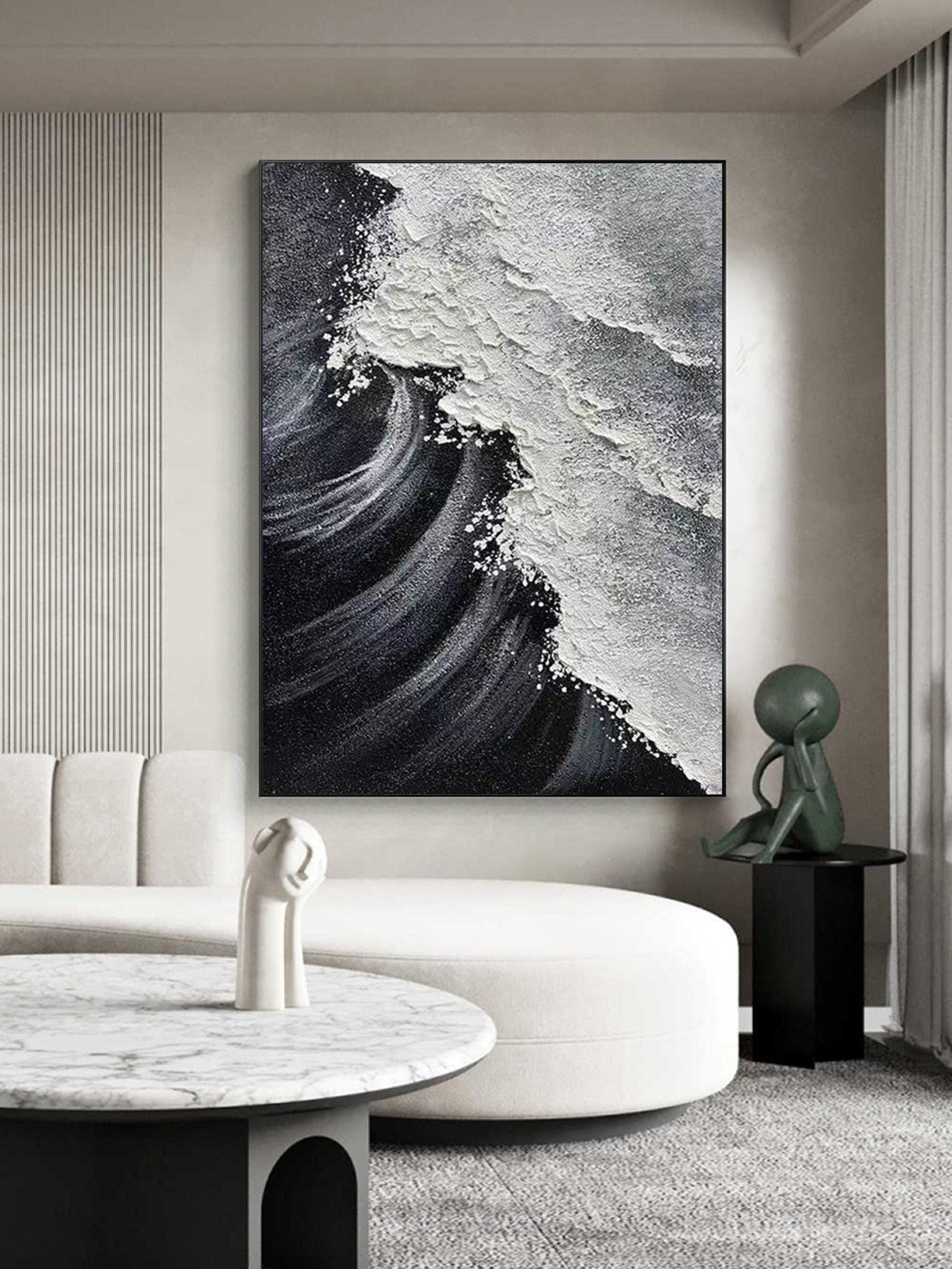 Extra Large Wall Decor Abstract Black Abstract Art White Painting large Black Painting White Wall Art minimalist Painting Modern Textured Sea & Beach Painting 3D Oil Plaster Wall Art On Canvas