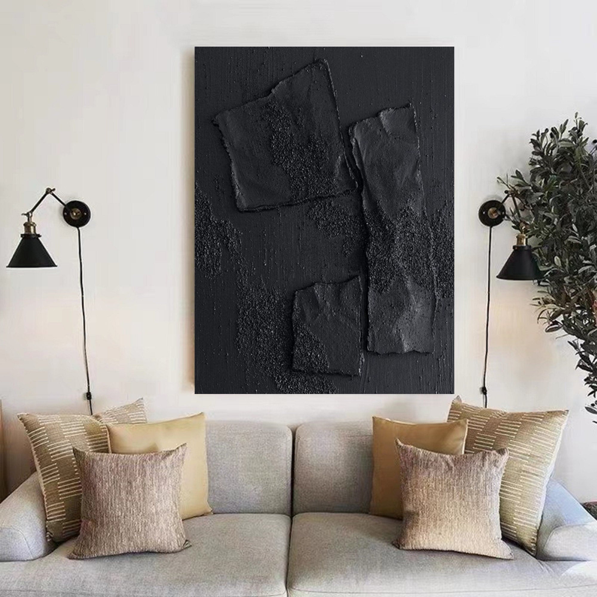 Wabi-sabi Plaster Art Black Minimalist Plaster Art Black Abstract Texture Painting Black Wall Decor Plaster Texture Wall Art Minimalist Art Black 3D Oil  Wall Art On Canvas