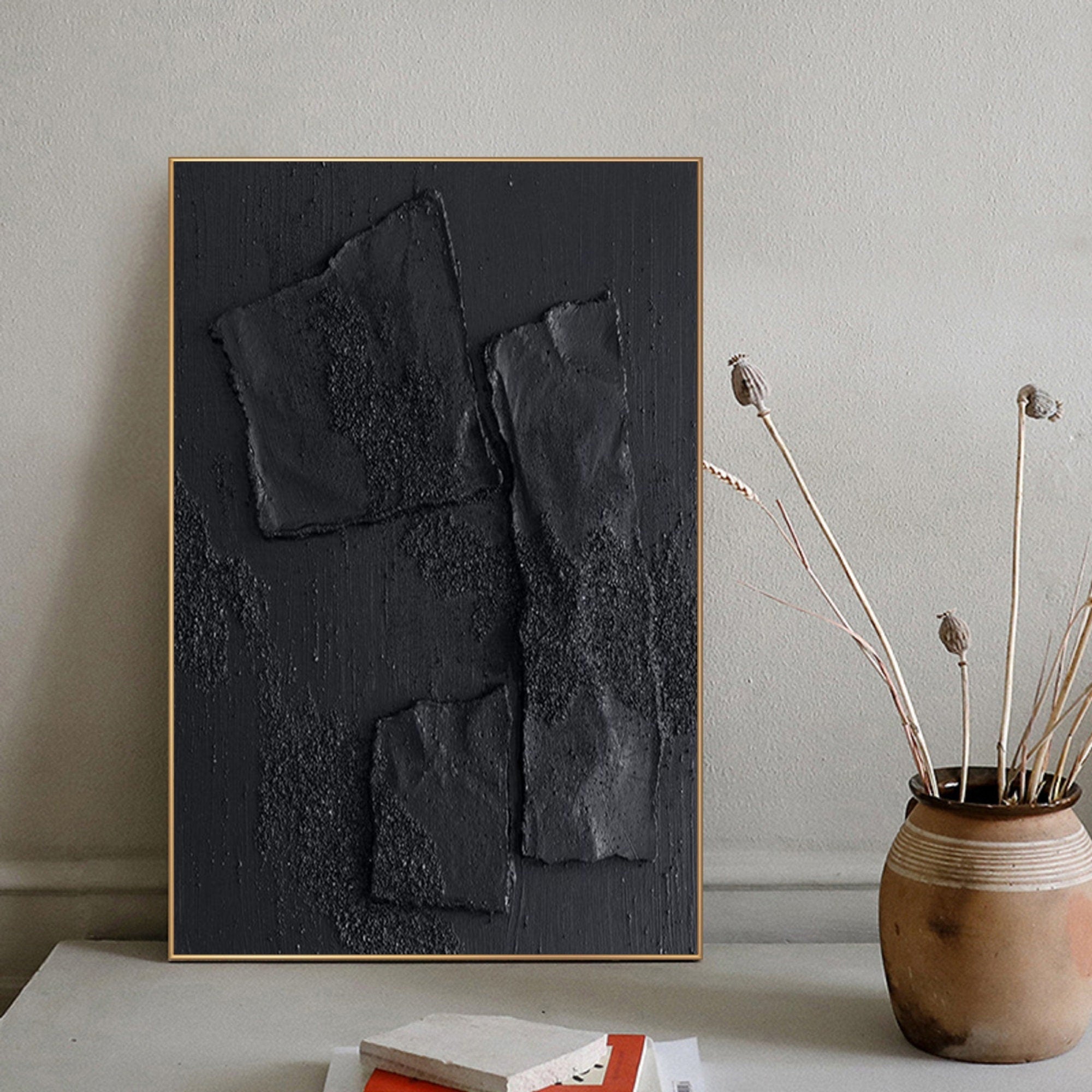 Wabi-sabi Plaster Art Black Minimalist Plaster Art Black Abstract Texture Painting Black Wall Decor Plaster Texture Wall Art Minimalist Art Black 3D Oil  Wall Art On Canvas