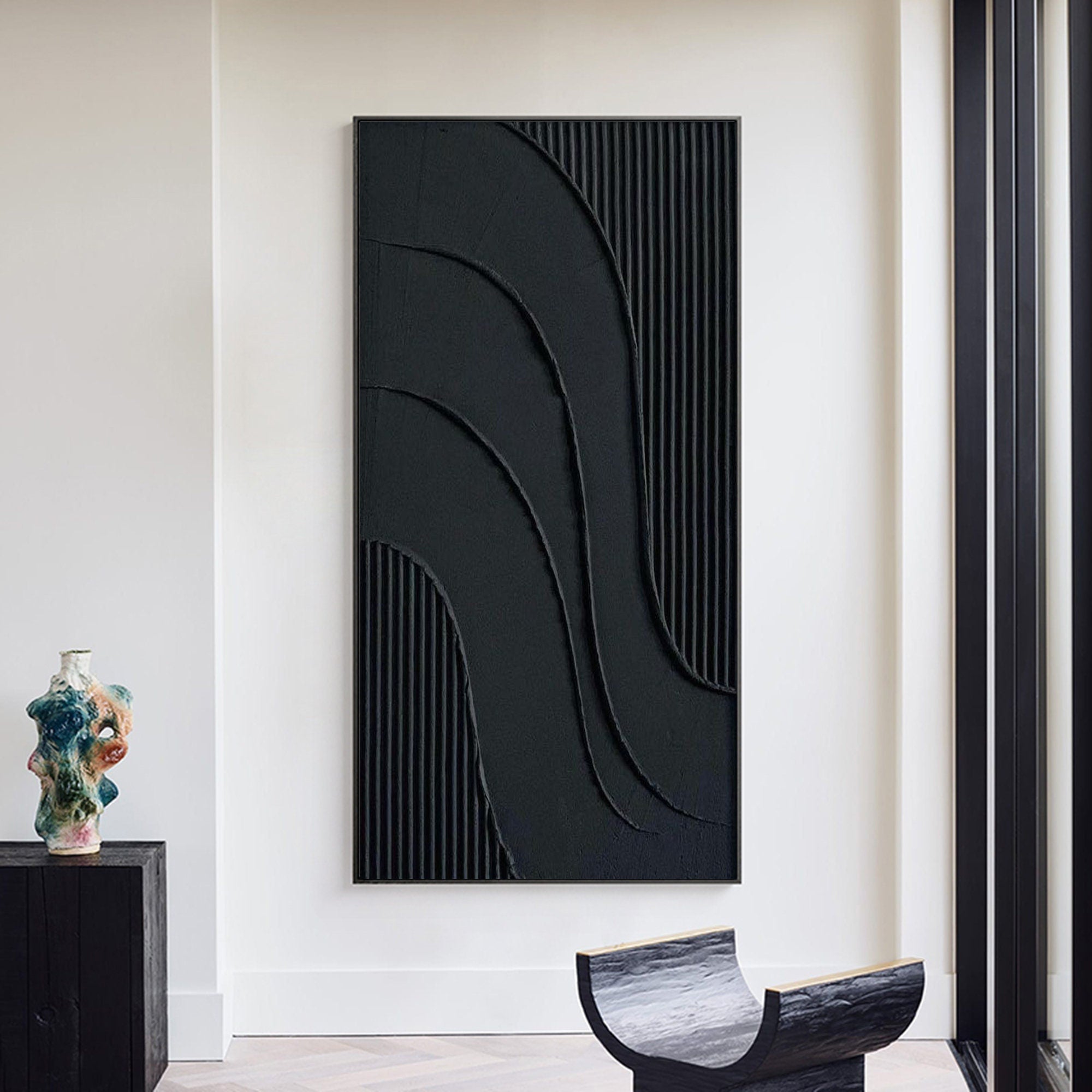 Wabi-sabi Art Black Minimalist Plaster Art Black Abstract Texture Painting Black Wall Decor Plaster Texture Wall Art Minimalist Art Black 3D Oil  Plaster Wall Art On Canvas