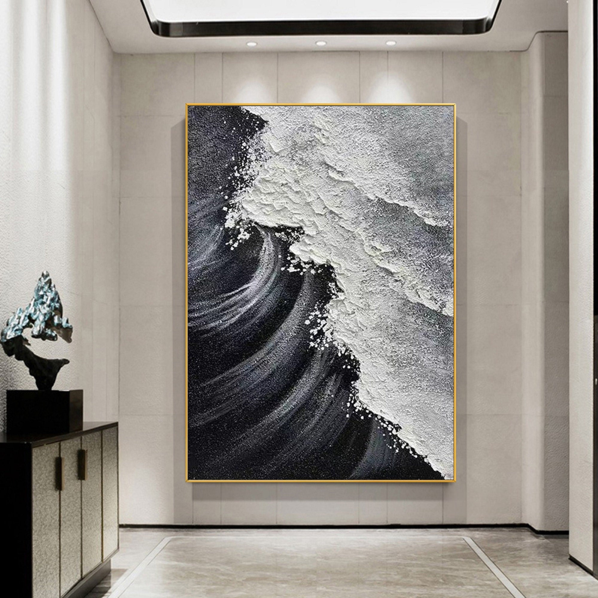 Extra Large Wall Decor Abstract Black Abstract Art White Painting large Black Painting White Wall Art minimalist Painting Modern Textured Sea & Beach Painting 3D Oil Plaster Wall Art On Canvas