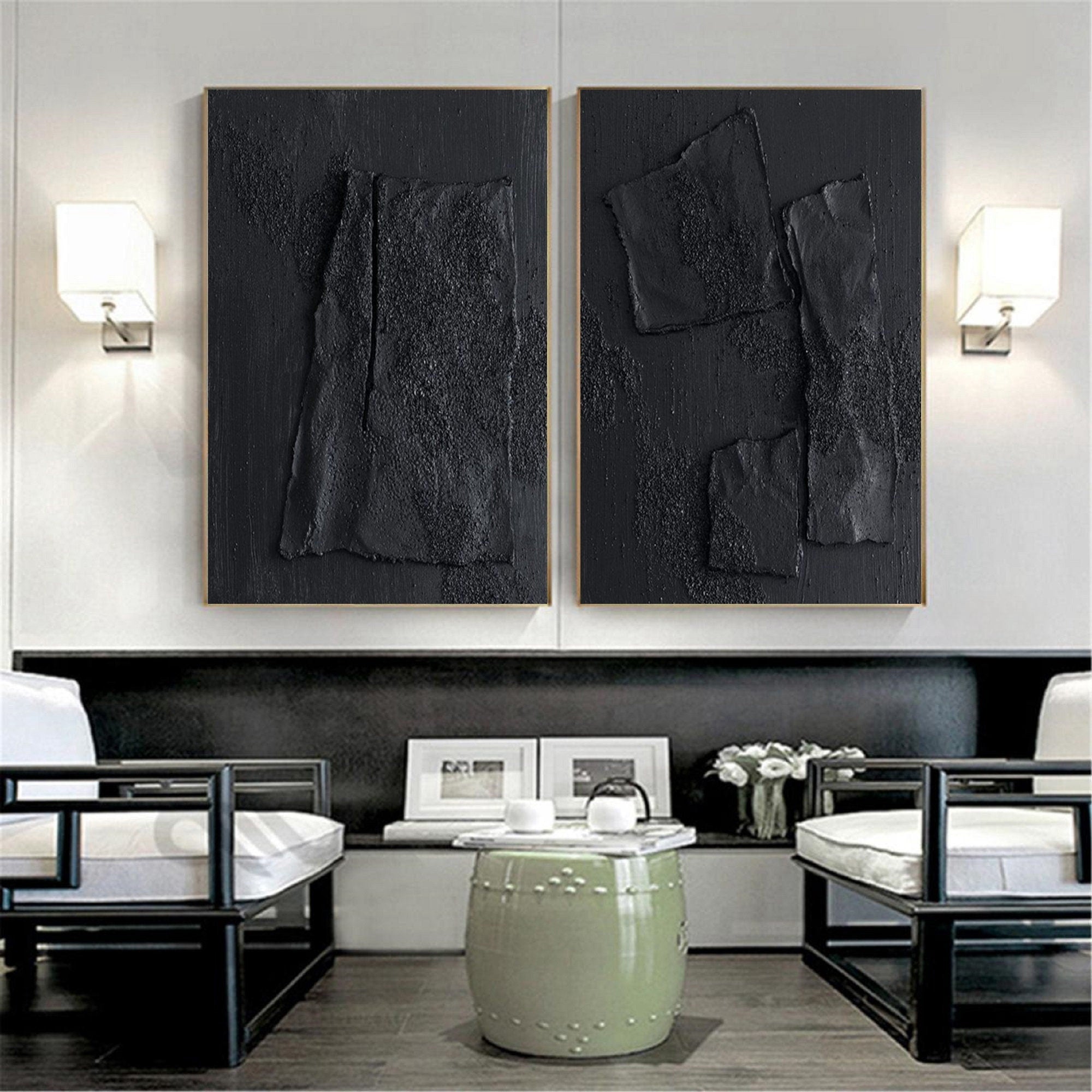 Wabi-sabi Art Black Minimalist Plaster Art Texture Painting Abstract Wall Decor Plaster Texture Wall Art Minimalist Art  3D Oil Canvas Wall Art 