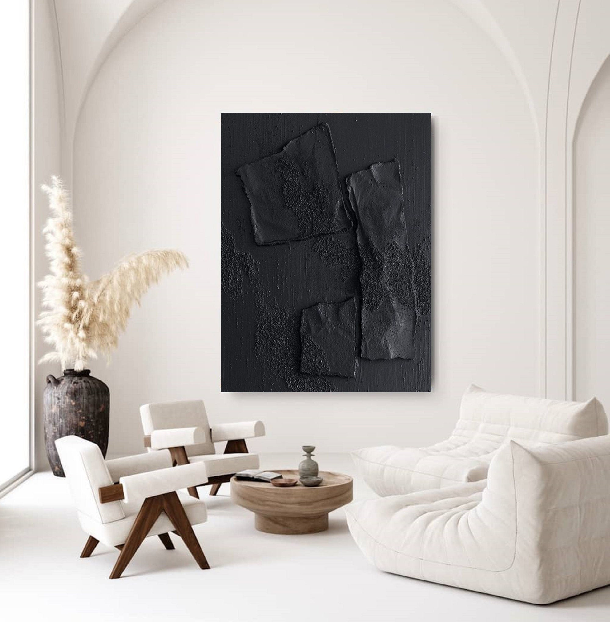 Wabi-sabi Plaster Art Black Minimalist Plaster Art Black Abstract Texture Painting Black Wall Decor Plaster Texture Wall Art Minimalist Art Black 3D Oil  Wall Art On Canvas