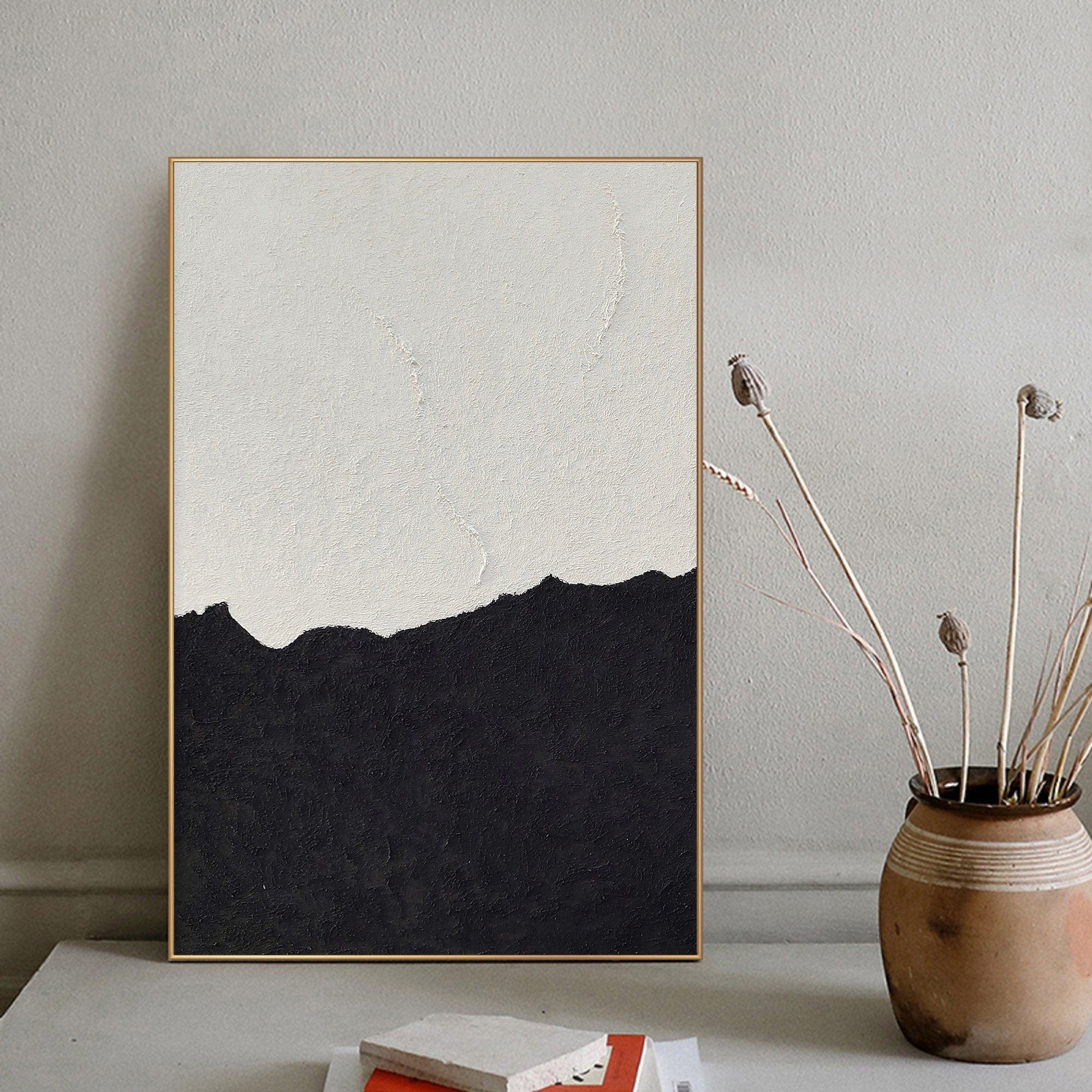 Wabi-sabi Art White Minimalist Plaster Art Black Abstract Texture Painting White Wall Decor Plaster Texture Wall Art Minimalist Art Black 3D Oil  Plaster Wall Art On Canvas