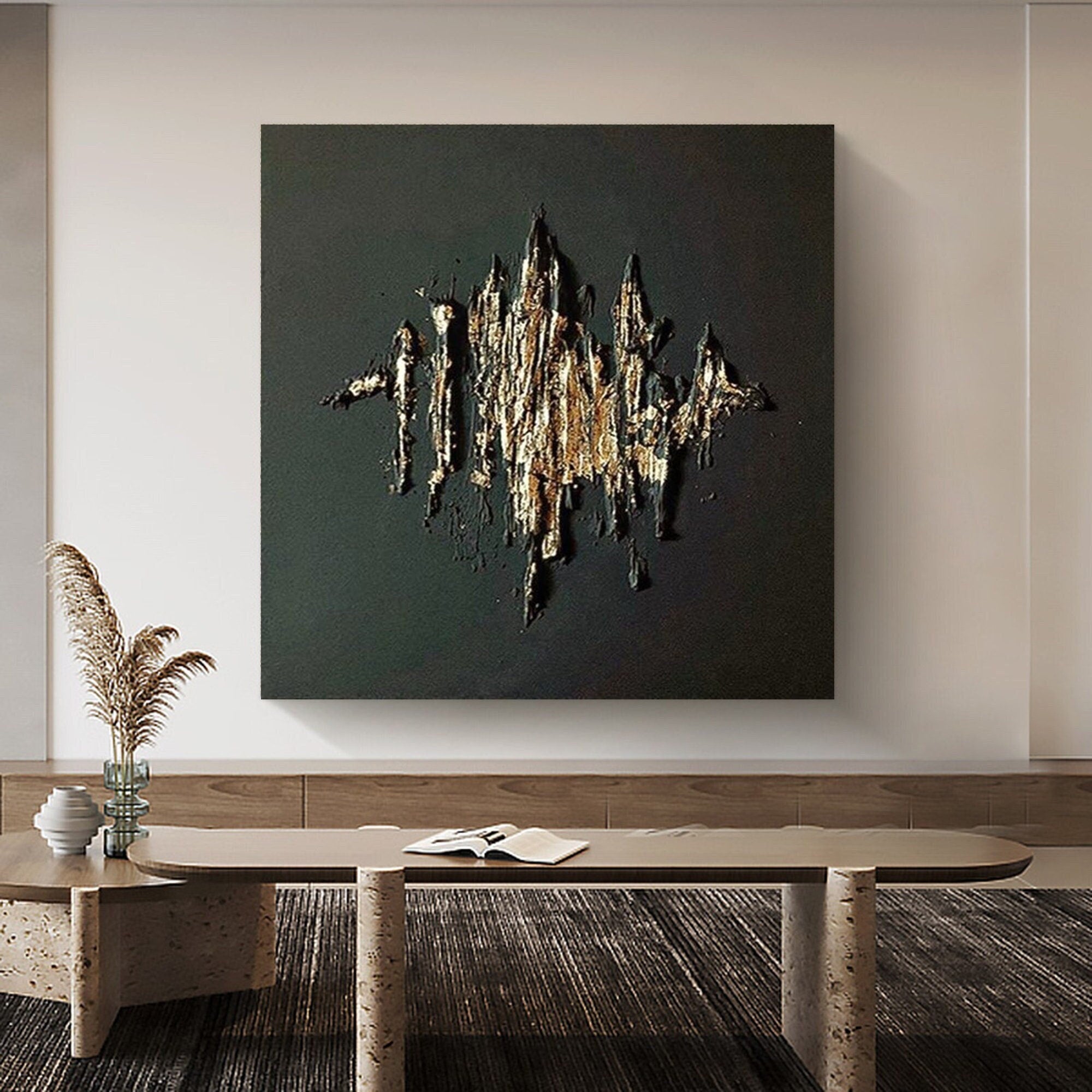 Wabi-sabi Art Black Minimalist Plaster Art Gold Abstract Texture Painting Black Wall Decor Plaster Texture Wall Art Minimalist Art Gold 3D Oil  Plaster Wall Art On Canvas