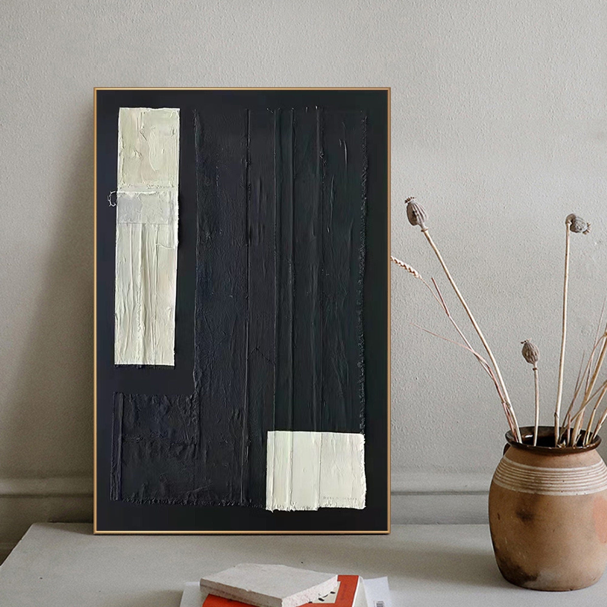 Wabi-sabi Art Black Minimalist Plaster Art Black Abstract Texture Painting Black Wall Decor Plaster Texture Wall Art Minimalist Art Black 3D Oil  Plaster Wall Art On Canvas