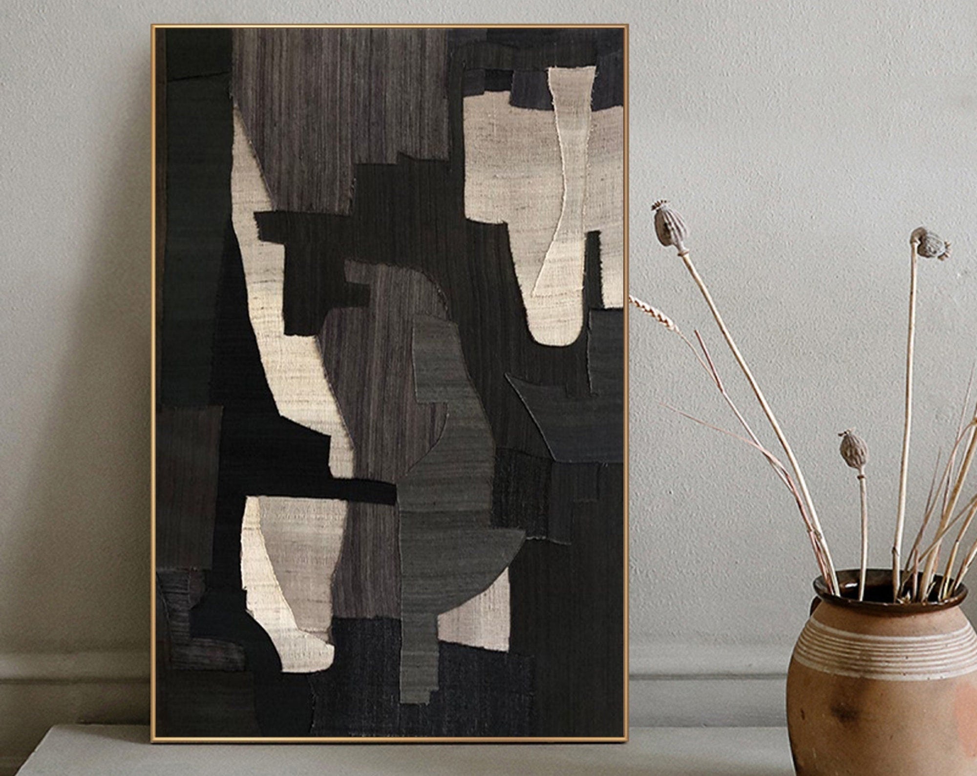 Wabi-sabi Art Brown Minimalist Plaster Art Black Abstract Texture Painting Beige Wall Decor Plaster Texture Wall Art Minimalist Art Brown 3D Oil  Plaster Wall Art On Canvas