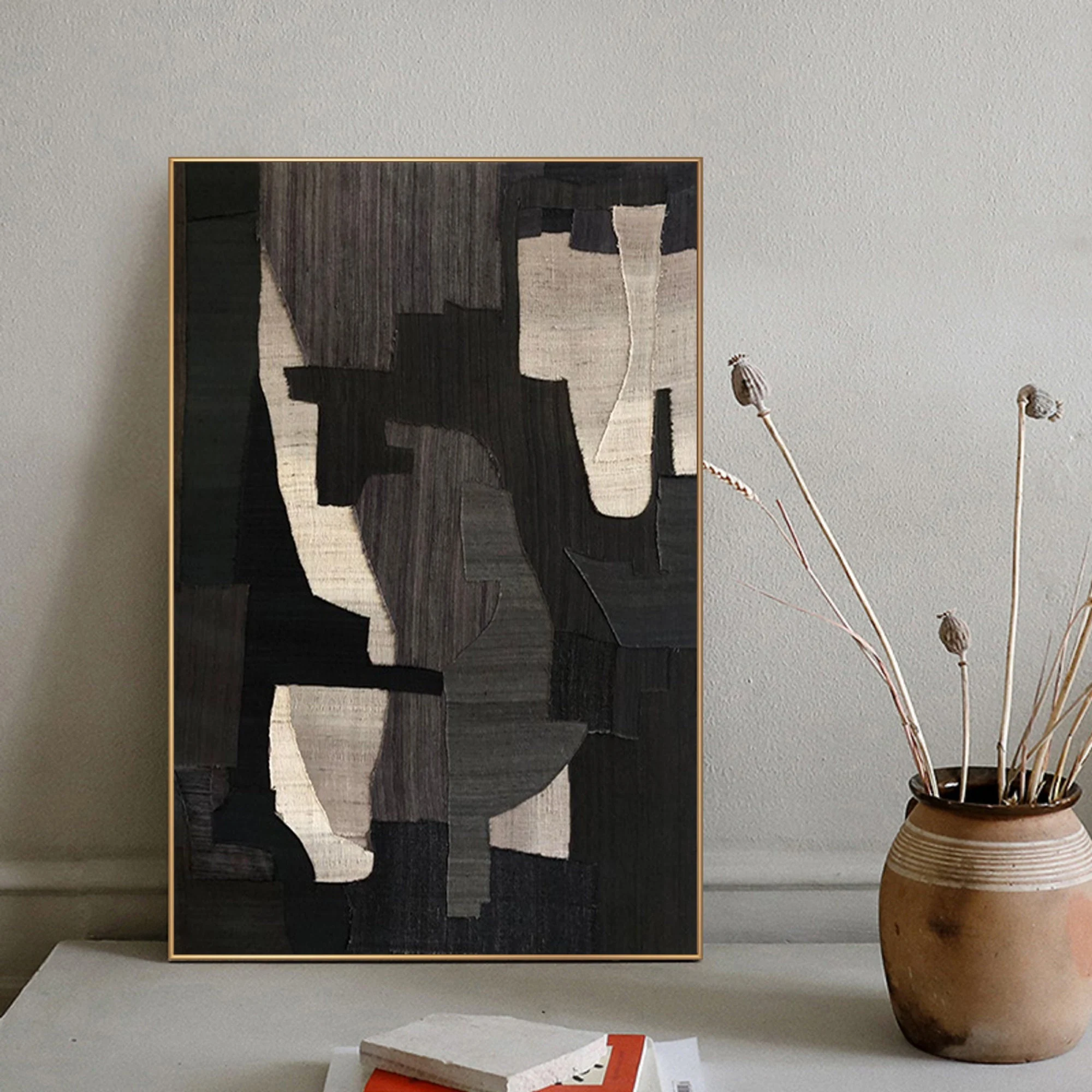 Wabi-sabi Art Brown Minimalist Plaster Art Black Abstract Texture Painting Beige Wall Decor Plaster Texture Wall Art Minimalist Art Brown 3D Oil  Plaster Wall Art On Canvas