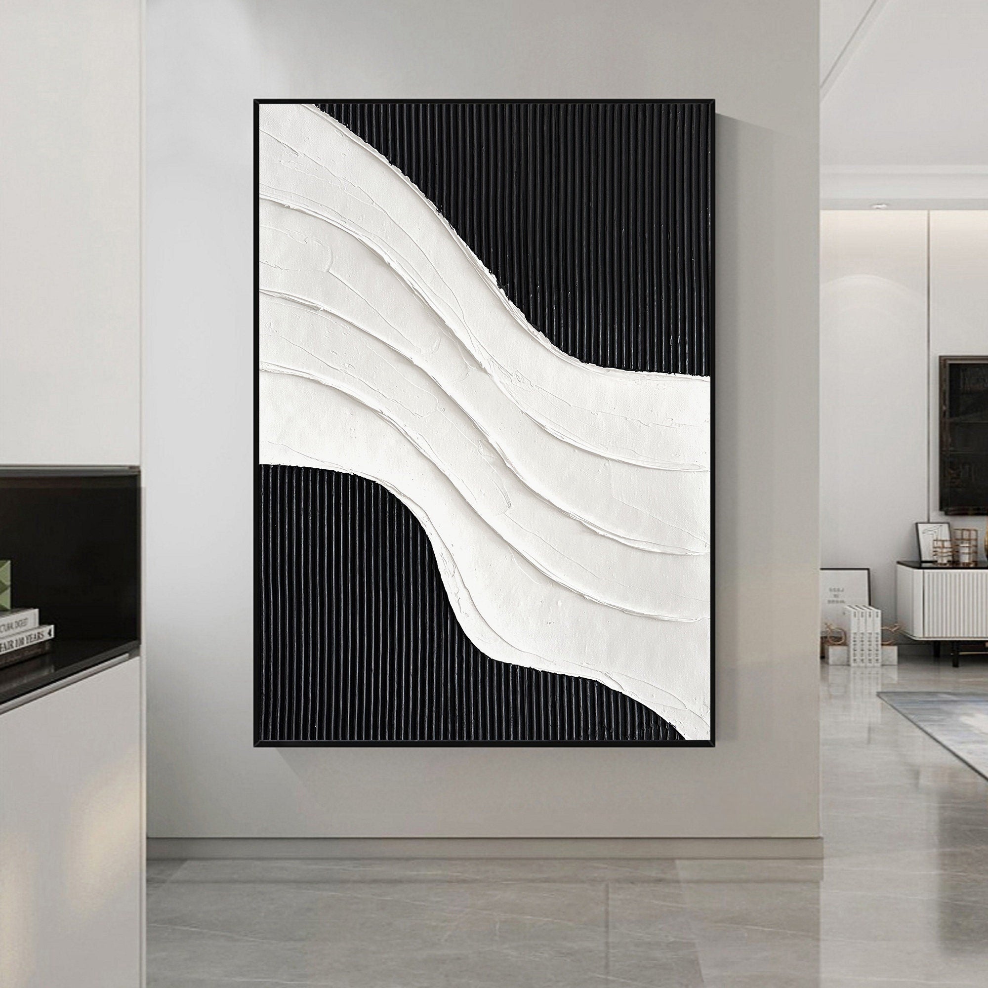 Wabi-sabi Art White Minimalist Plaster Art Black Abstract Texture Painting White Wall Decor Plaster Texture Wall Art Minimalist Art Black 3D Oil  Plaster Wall Art On Canvas