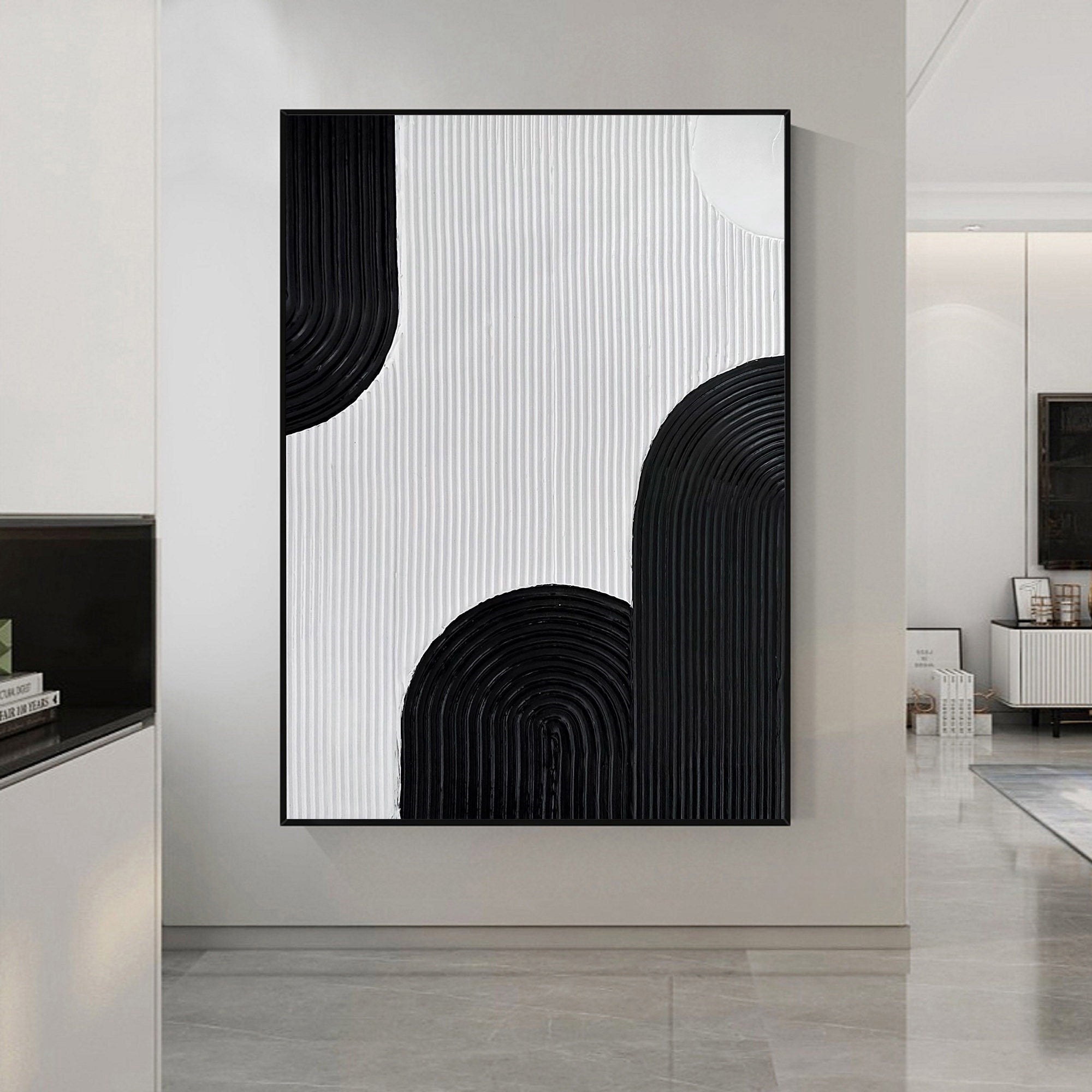 Wabi-sabi Art White Minimalist Plaster Art Black Abstract Texture Painting White Wall Decor Plaster Texture Wall Art Minimalist Art Black 3D Oil  Plaster Wall Art On Canvas