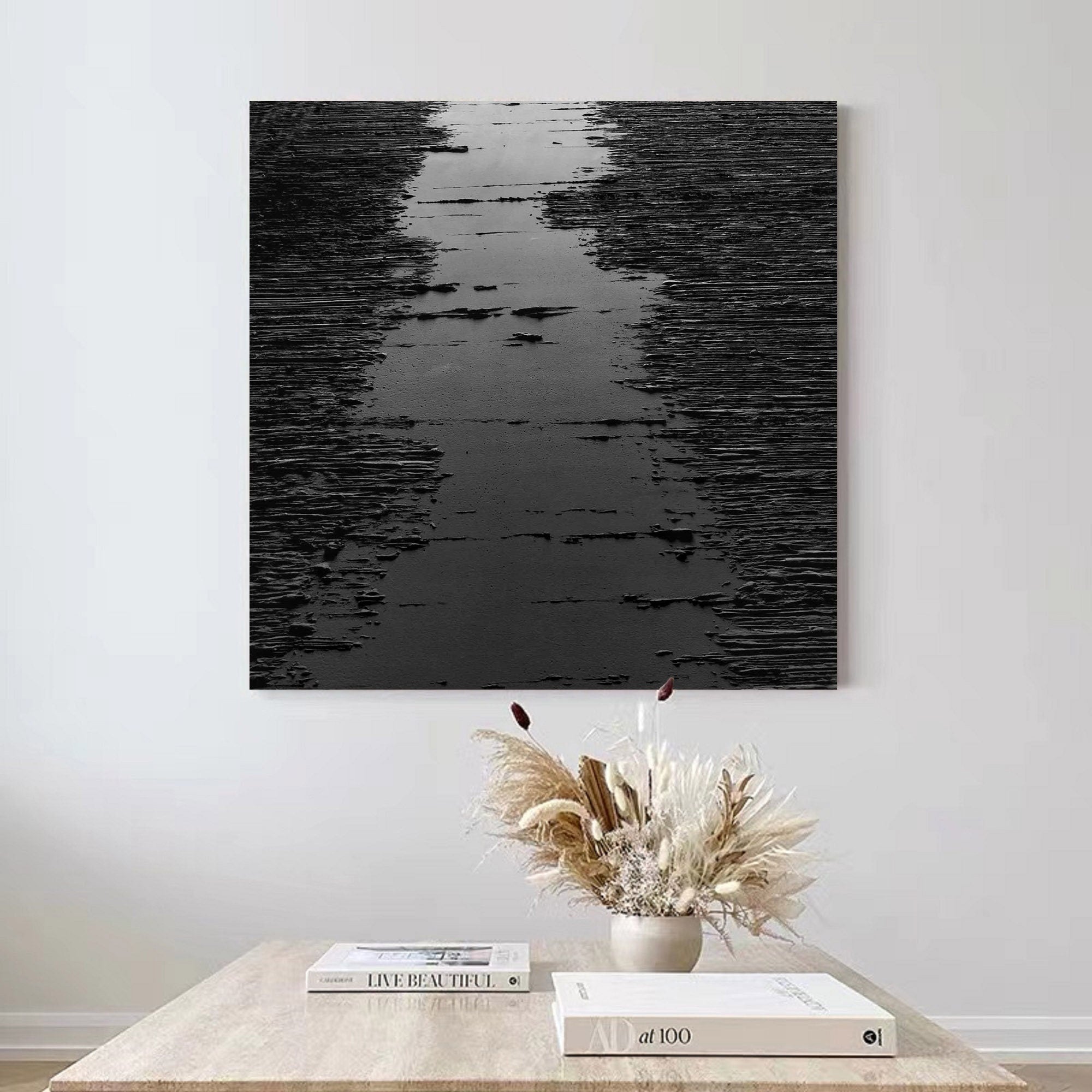 Wabi-sabi Art Black Minimalist Plaster Art Black Abstract Texture Painting Black Wall Decor Plaster Texture Wall Art Minimalist Art Black 3D Oil  Plaster Wall Art On Canvas