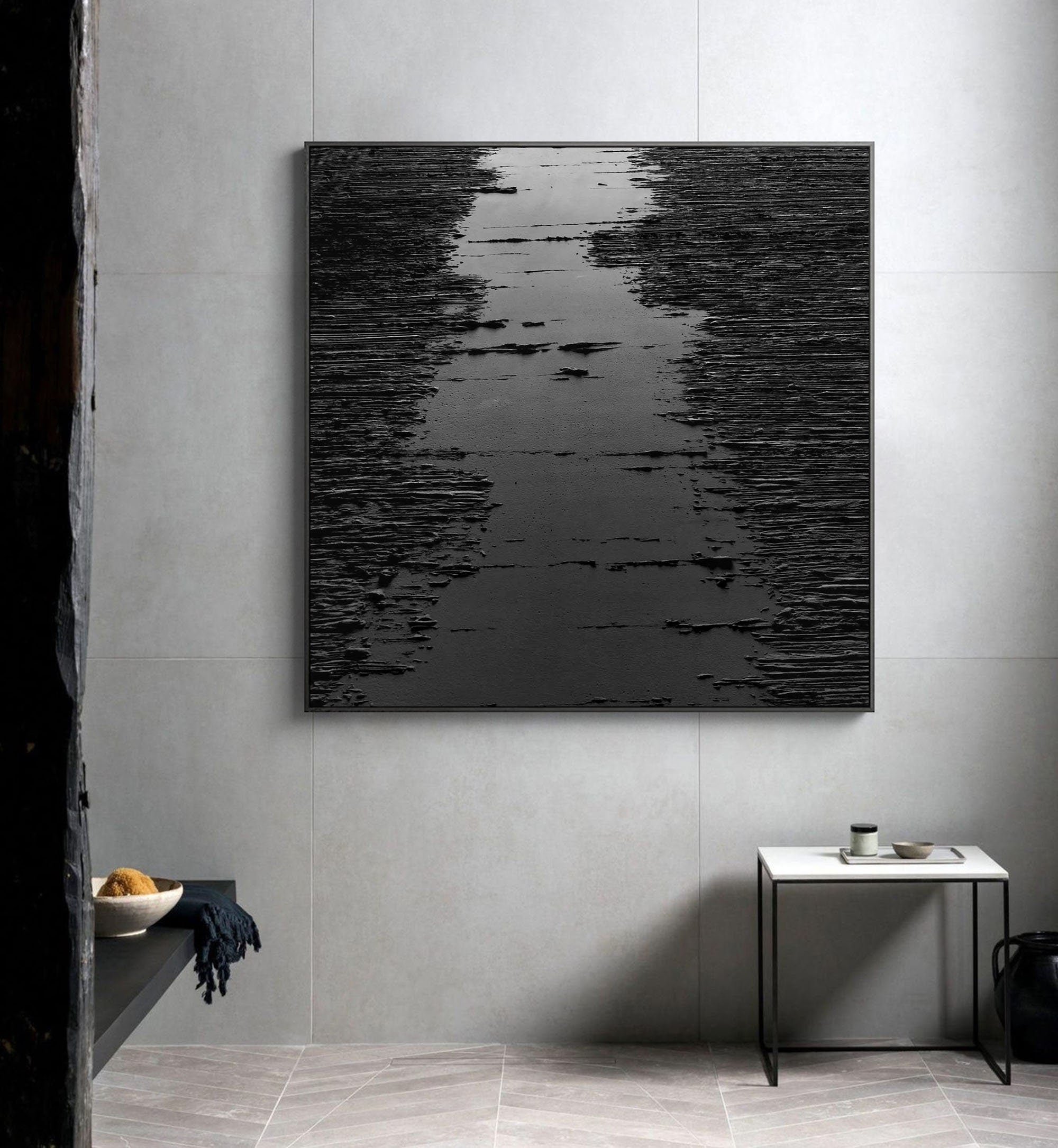 Wabi-sabi Art Black Minimalist Plaster Art Black Abstract Texture Painting Black Wall Decor Plaster Texture Wall Art Minimalist Art Black 3D Oil  Plaster Wall Art On Canvas