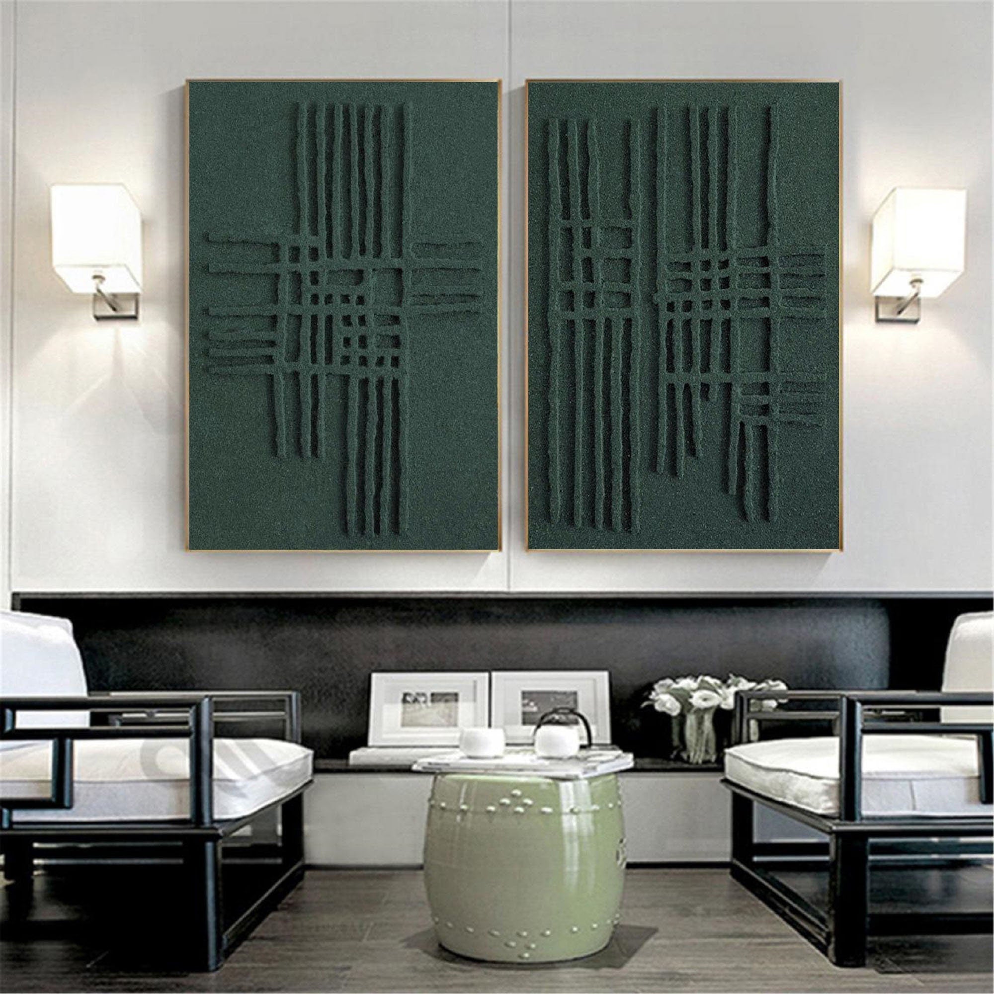 Wabi-sabi Art Green Minimalist Plaster Art Texture Painting Abstract Wall Decor Plaster Texture Wall Art Minimalist Art  3D Oil Canvas Wall Art 